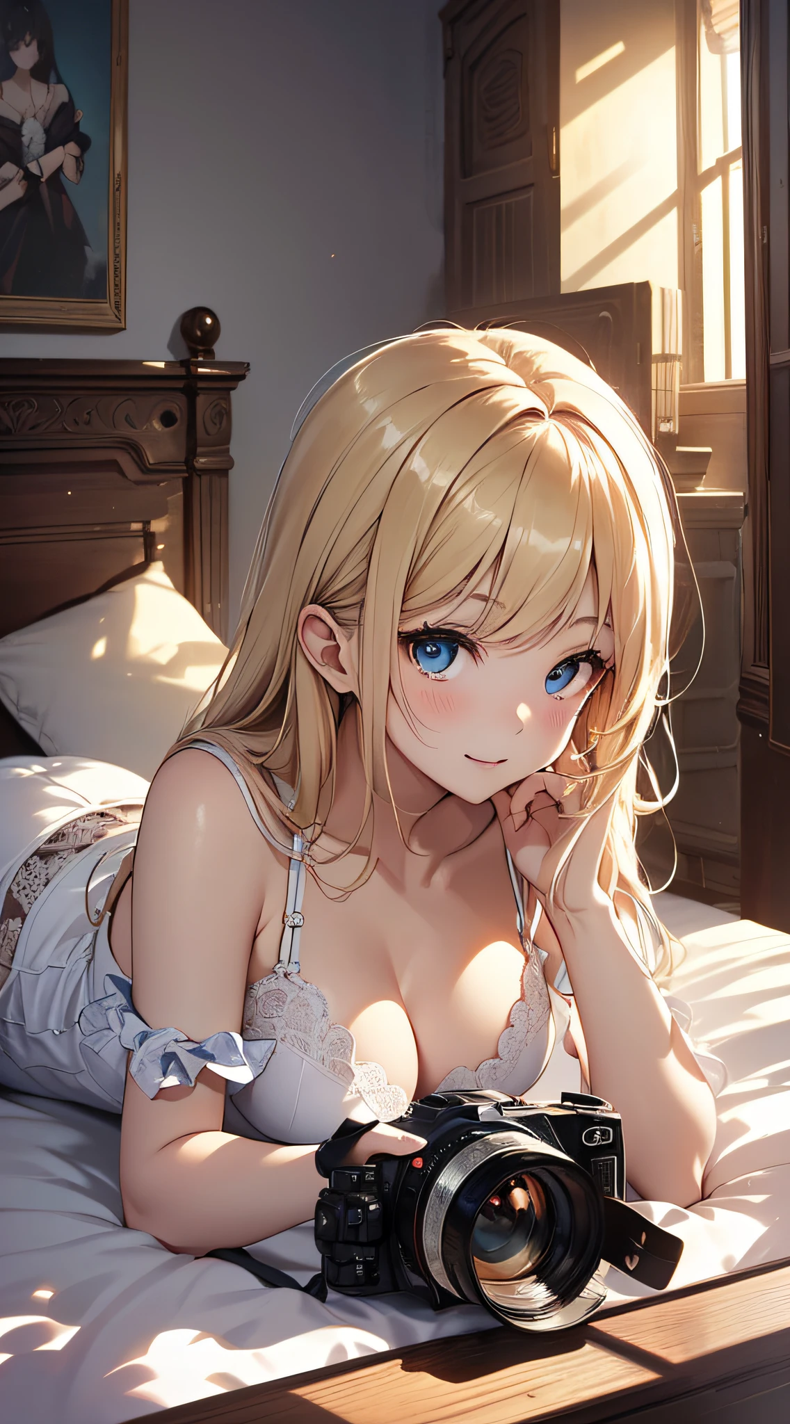 top-quality、Top image quality、masterpiece、girl with((18year old、 White underwear、Best Bust、Bust 85、a blond、Semi-long、Blue eyes、open chest wide、Valley、Happiness、A slender、Naughty face、lying back on、on the beds、face to viewer、Point out your point to your audience))hiquality、Camera Film Style、Background with((A room with beautiful sunlight))、masutepiece、cool style、Elaborate design、visualart