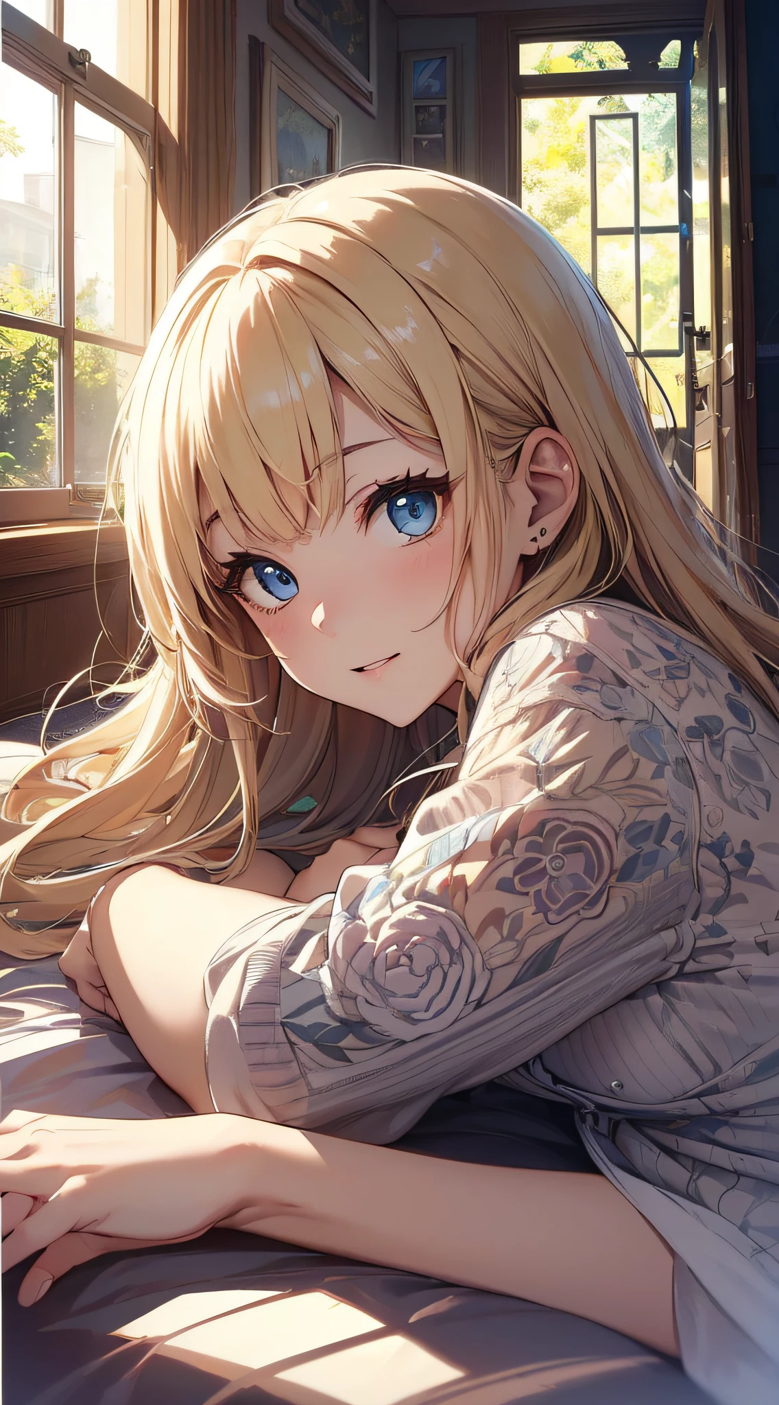 top-quality、Top image quality、masterpiece、girl with((18year old、 White underwear、Best Bust、Bust 85、a blond、Semi-long、Blue eyes、open chest wide、Valley、Happiness、A slender、Naughty face、lying back on、on the beds、face to viewer、Point out your point to your audience))hiquality、Camera Film Style、Background with((A room with beautiful sunlight))、masutepiece、cool style、Elaborate design、visualart