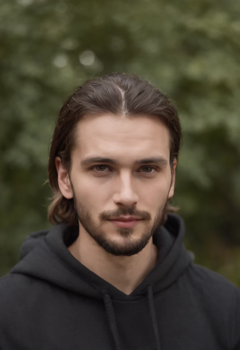 German man around 30 years old, natural brown hair in a manbun, manbun, slightly receding hairline, thick beard, distinctive light brown eyes, wearing a black hoodie, 176 cm tall average build male, candlelight in a medieval setting, ultra sharp focus, realistic shot, modern stylish clothes, tetradic colors