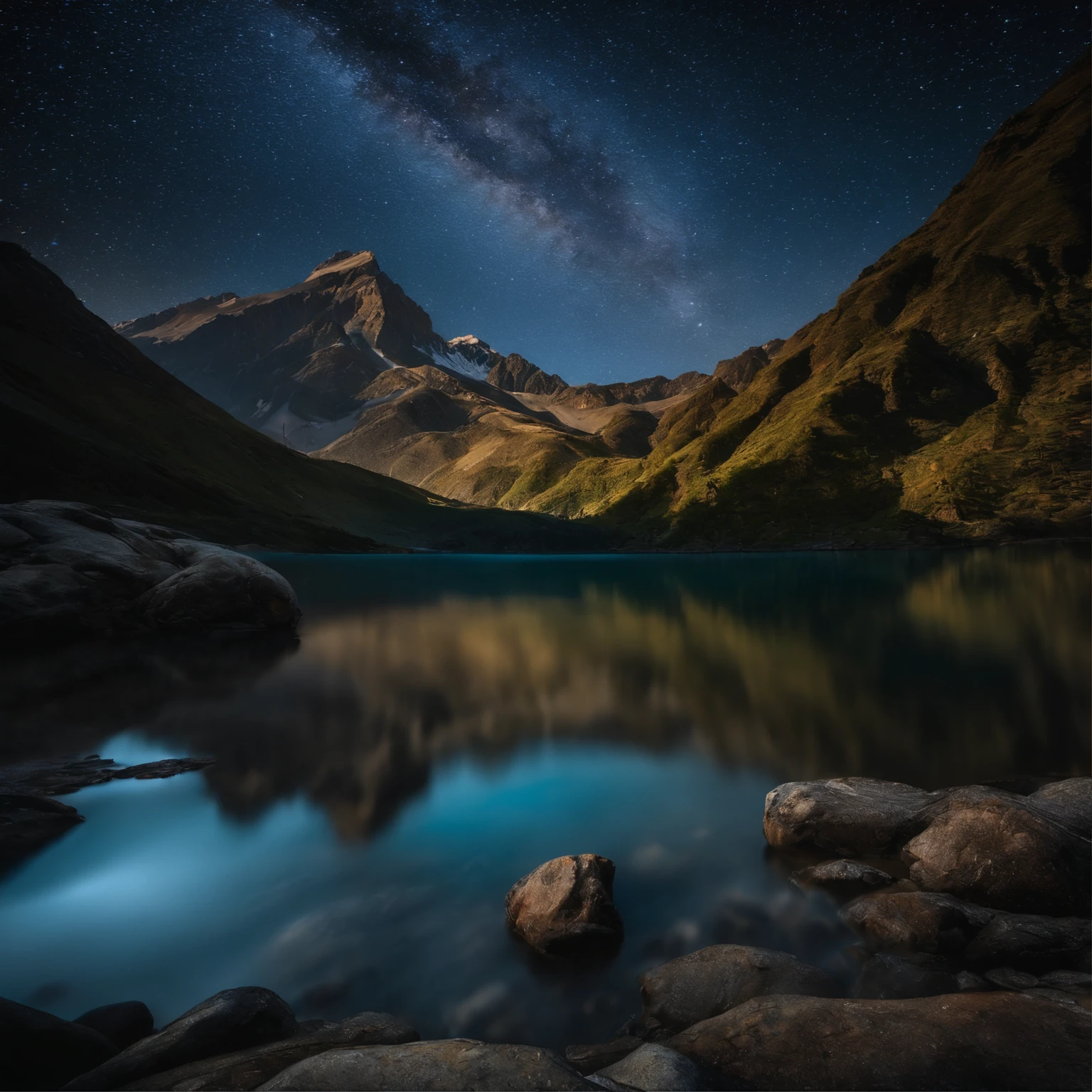 Master Parts、Superior Quality、superior image quality、The 8k quality、Beautiful pictures of the starry sky、magnifica、Arched Milky Way:1.9、Himalayas、Blue glowing lake:1.9