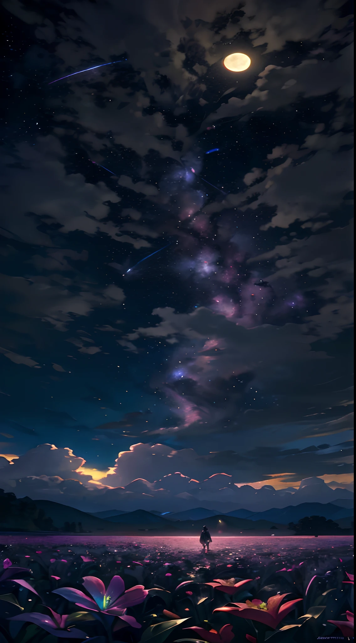 expansive landscape photograph , (a view from below that shows sky above and open field below), a girl standing on flower field looking up, (full moon:1.2), ( shooting stars:0.9), (nebula:1.3), distant mountain, tree BREAK
production art, (warm light source:1.2), (Firefly:1.2), lamp, lot of purple and orange, intricate details, volumetric lighting BREAK
(masterpiece:1.2), (best quality), 4k, ultra-detailed, (dynamic composition:1.4), highly detailed, colorful details,( iridescent colors:1.2), (glowing lighting, atmospheric lighting), dreamy, magical, (solo:1.2)