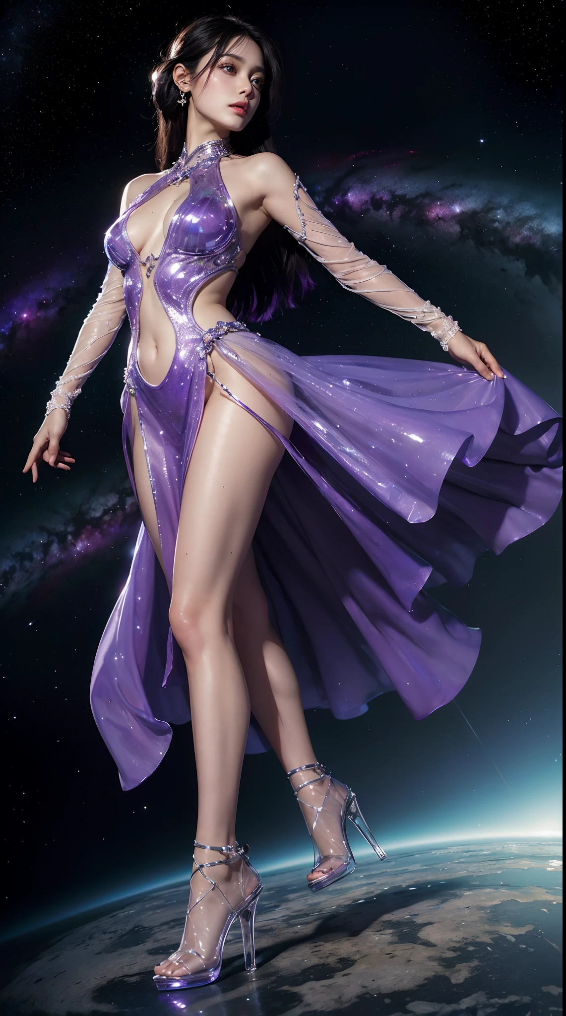 (Best quality,Ultra-detailed,Realistic:1.37), Ethereal eyes, Intricate alien characteristics,[(((Glassy transparent skin)))+purpleish color],(high-heels), Vibrant colors, celestial background, Cosmic atmosphere, otherworldly presence, Starry sky, Radiant celestial bodies, Interstellar beauty.