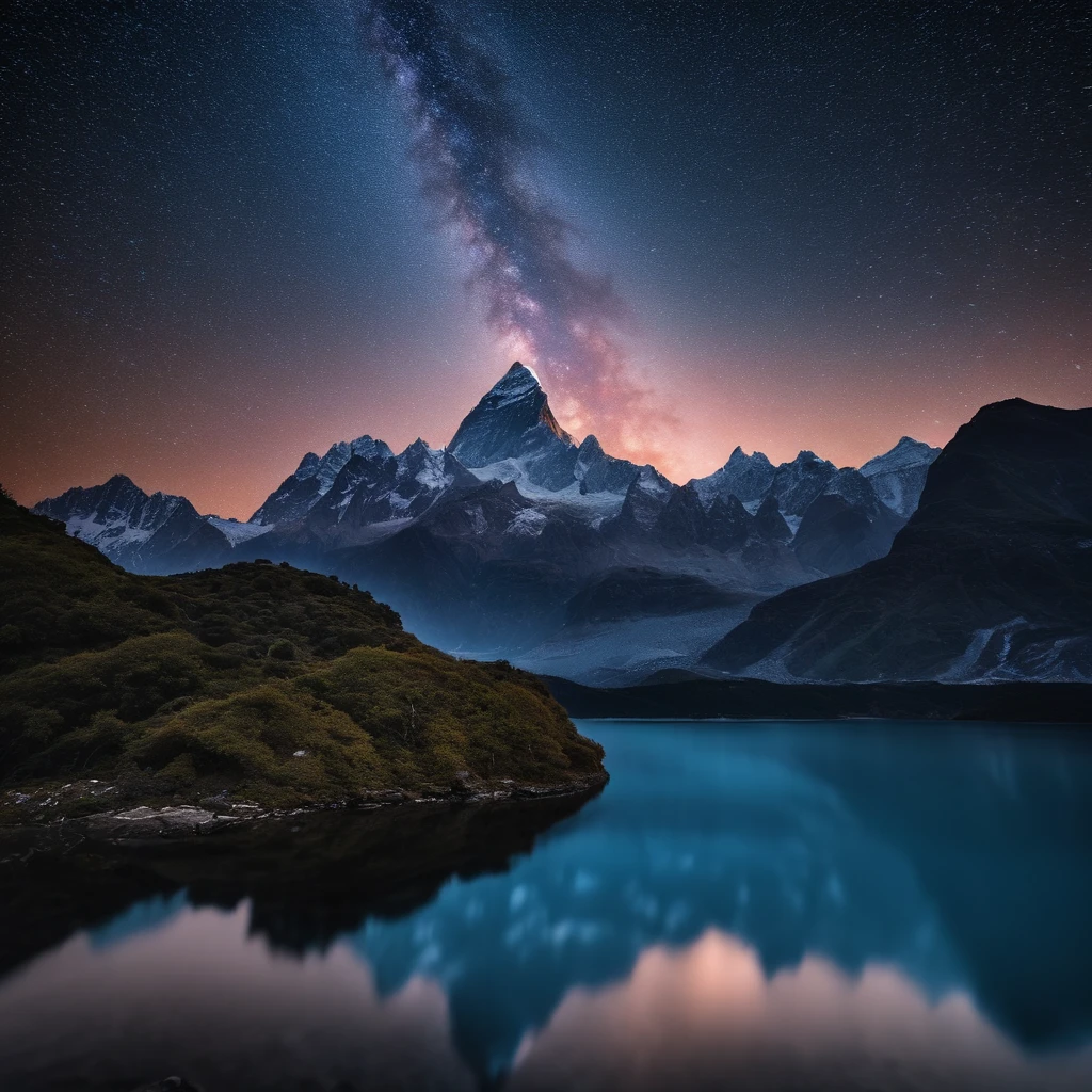 Master Parts、Superior Quality、superior image quality、The 8k quality、Beautiful pictures of the starry sky、magnifica、Arched Milky Way:1.9、Himalayas、Blue glowing lake:1.9
