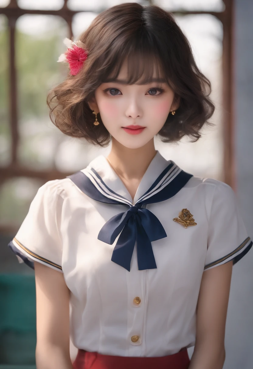 masterpiece、high quality、High resolution、Realistic、professional lighting、Japanese、woman、cute、babyface、highly detailed beautiful face and eyes、green eyes、young、White skin、slender、Blue Sailor Suit、whole body、Anatomically correct