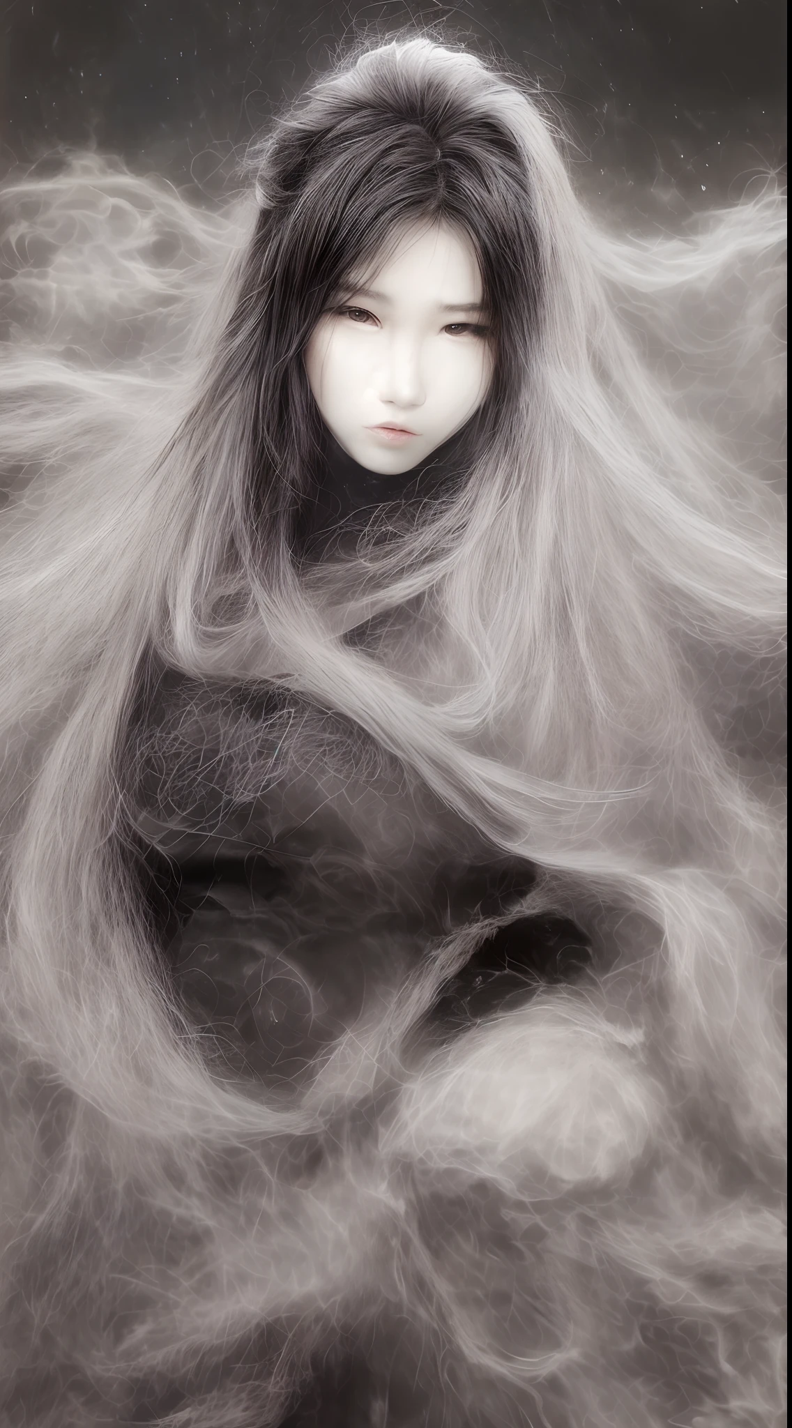 (Best quality,4K,A high resolution,Masterpiece:1.2), Ultra-detailed, Realistic, Black and white hanfu with black embroidery, Elegant white ponytail, long and flowing hair, White mask, A mask fluttering in the wind, Fringed Hair Ornament, Peony flower, Ancient style, oversized sleeves, Dynamic posing, Dramatic composition, Falling petals, red waistband, intricate background, Ancient architecture, A thin mist and thick clouds, Swirling clouds, Cinematic lighting, Complex feather background.
