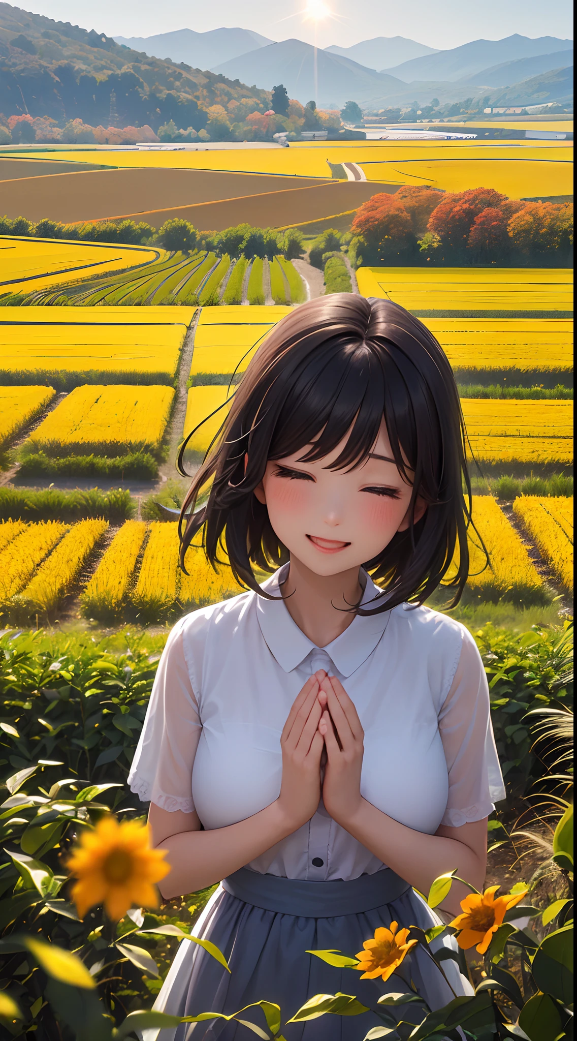 A girl,solo,(The autumn sun is just right, The earth becomes colorful. In the countryside, There are thousands of miles of fertile fields, Fragrant rice and fruits, And endless "abundant" Light, Create delightful scenes:1.65),There is green water in front of the door, and green mountains behind the house. Throughout the year, there is constant joy and fresh fruits and melons. The mountain flowers clapped their hands and laughed, and the wheat waves danced gracefully. Derun New Countryside, Warm Peach Blossom Land