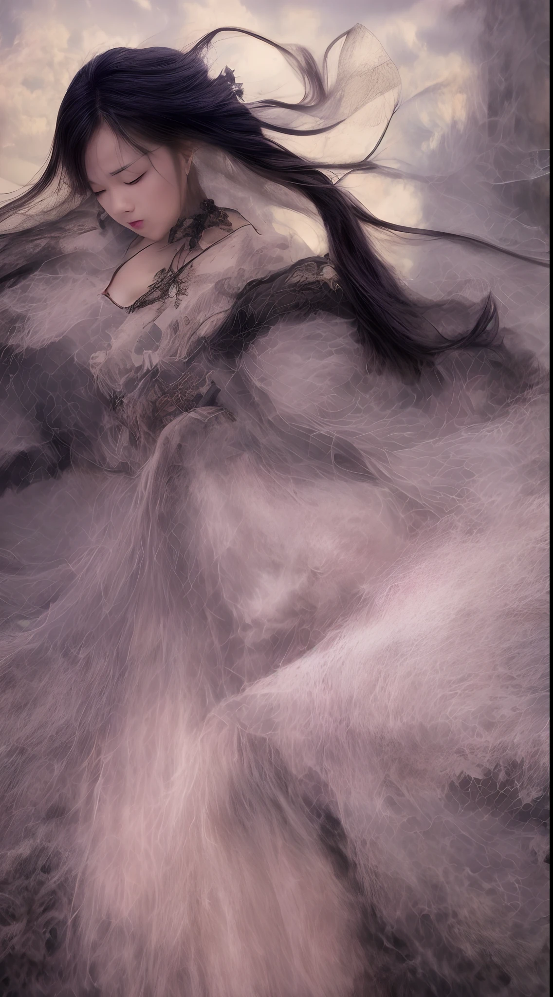 (Best quality,4K,A high resolution,Masterpiece:1.2), Ultra-detailed, Realistic, Black and white hanfu with black embroidery, Elegant white ponytail, long and flowing hair, White mask, A mask fluttering in the wind, Fringed Hair Ornament, Peony flower, Ancient style, oversized sleeves, Dynamic posing, Dramatic composition, Falling petals, red waistband, intricate background, Ancient architecture, A thin mist and thick clouds, Swirling clouds, Cinematic lighting, Complex feather background.