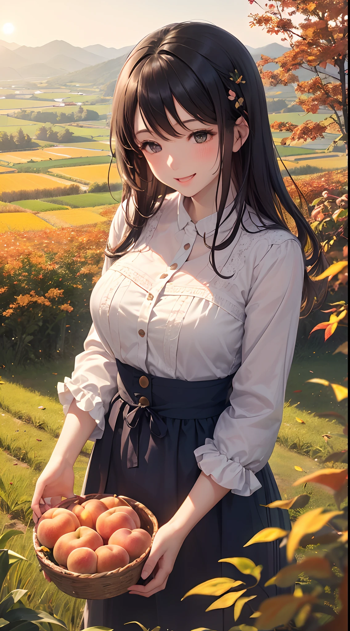 A girl,solo,(The autumn sun is just right, The earth becomes colorful. In the countryside, There are thousands of miles of fertile fields, Fragrant rice and fruits, And endless "abundant" Light, Create delightful scenes:1.65),There is green water in front of the door, and green mountains behind the house. Throughout the year, there is constant joy and fresh fruits and melons. The mountain flowers clapped their hands and laughed, and the wheat waves danced gracefully. Derun New Countryside, Warm Peach Blossom Land