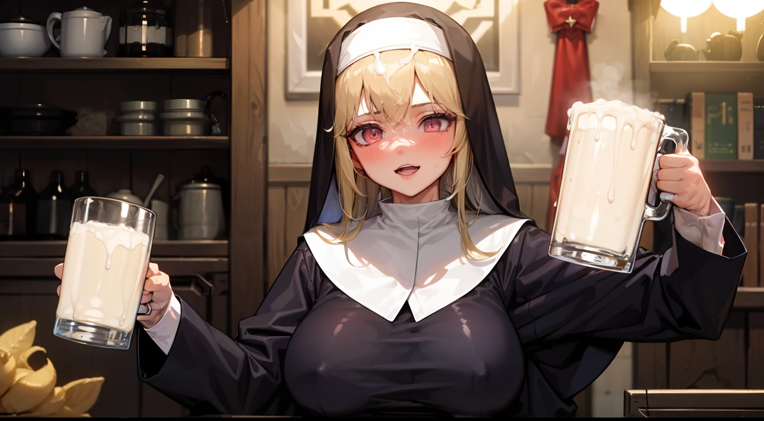 1girl,nun,pink eyes,blonde hair,large breasts ,cum mug,Gokkun,Traven,fantasy,drunk,happy,indoor,holding mug,upper body,cumgar