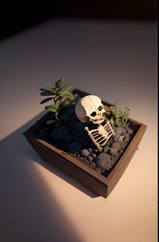 （Pixar style),Lying skeleton:1.5、Crumbled potted plants、Realistic human bones、Cozy dimly lit cemetery model, Miniature Figure Models,Dark lighting, Right-to-left light source, (Isometric view), (top down), Realistic scale, Post-processing, ((Orthogonal perspective)), Super Detail, Realistic, Super realistic, lifelike rendering,