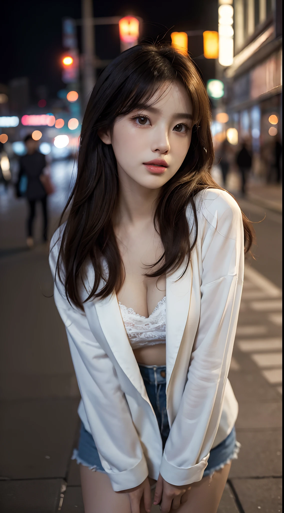 (Best quality,16k,A high resolution,Masterpiece:1.2),Ultra-detailed,(Realistic,Photorealistic,photo-realistic:1.37),Korean fashion beauty,Japanese and Korean beauties,cute and innocent,Detailed eyes and face,beautiful detailed lips,White teeth,Long eyelashes,slimification,fashionable in dressing,Shorts short skirt,Plump upper circumference,Large breasts,cleavage,(Lovely,Charming:1.1),Colorful street background,Stylish clothes and accessories,The fabric of the clothes is smooth,Portrait style photography,Vivid colors,Street lights.