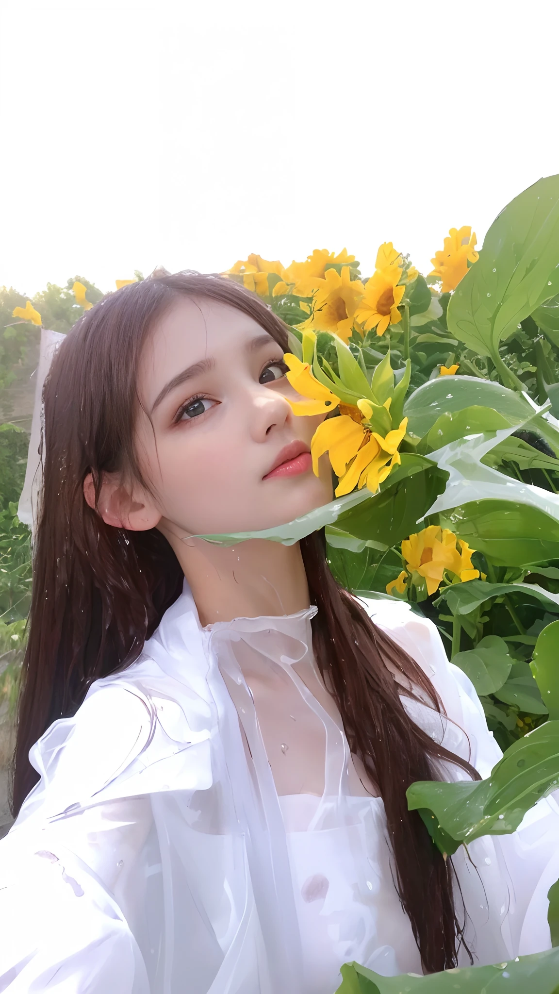 ((Best quality, 8k, Masterpiece :1.3)), A pretty woman with perfect figure :1.4, Slender abs :1.3, (wet transparent T-shirt:1.4) , small white lace bra , ((Dark brown hair, Big breasts :1.2)), Lying on hammock, Hammock, Highly detailed face and skin texture, Detailed eyes, Double eyelid