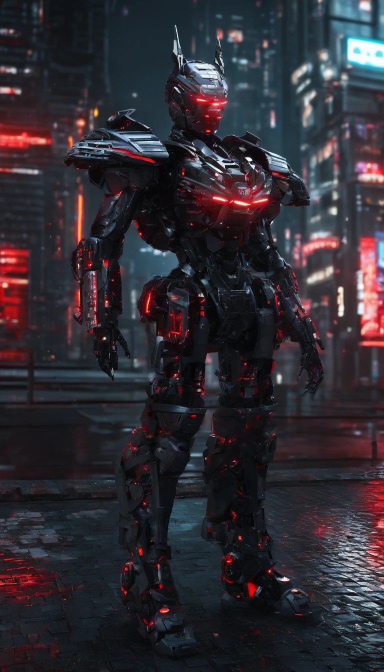 Dark_Fantasy, Cyberpunk, Catwoman Mechanical marvel, Robotic presence, Cybernetic guardian, samurai mechanical armour, katana on the waist, absolutely stunning art,wearing a black cloak, highest quality art, highest resolution, hyper detailed,black and red, futuristic, samurai robot, atmospheric,8k,64k, HD, unparalleled masterpiece, dynamic lighting, cinematic, epic