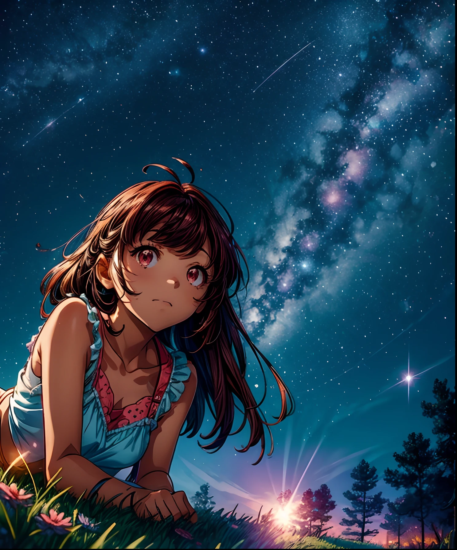 Describe a scene where a cute girl character is lying on a grassy hill, Looking up at the starry sky. Surround her with colorful nebulae and her favorite constellations.