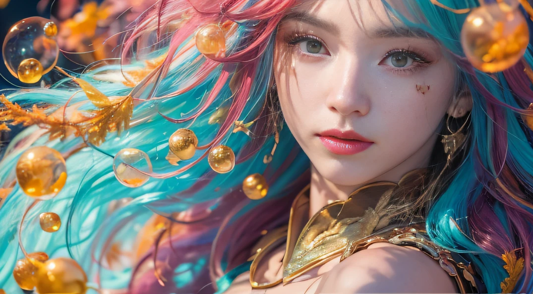cyan colors,blue colors,Autumn Enamel World,Blood Girl 32K(tmasterpiece,k hd,Aoyama Pond,hyper HD,32K)Long flowing bright orange hair,Autumn pool,zydink, a color,Grumpy (Post-halo), (Linen scarf), Combat posture, Looking at the autumn ground, long whitr hair, Floating bright orange, Fire cloud pattern gold tiara, Chinese long-sleeved gold silk burgundy autumn clothing, (Abstract metaverse splash:1.2), white backgrounid,Peony flower vitality protector(realisticlying:1.4),Bright purple hair,Smoke on the road in autumn,The background is pure, A high resolution, the detail, RAW photogr, Sharp Re, Nikon D850 Film Stock Photo by Jefferies Lee 4 Kodak Portra 400 Camera F1.6 shots, Rich colors, ultra-realistic vivid textures, Dramatic lighting, Unreal Engine Art Station Trend, cinestir 800,A girl with long flowing bright orange hair,Huge colorful bubbles