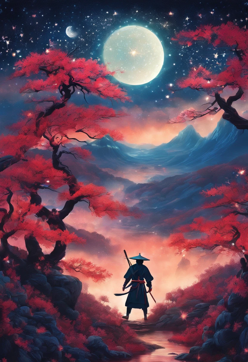The samurai holds a katana, Starry skies and mist shroud the landscape.
