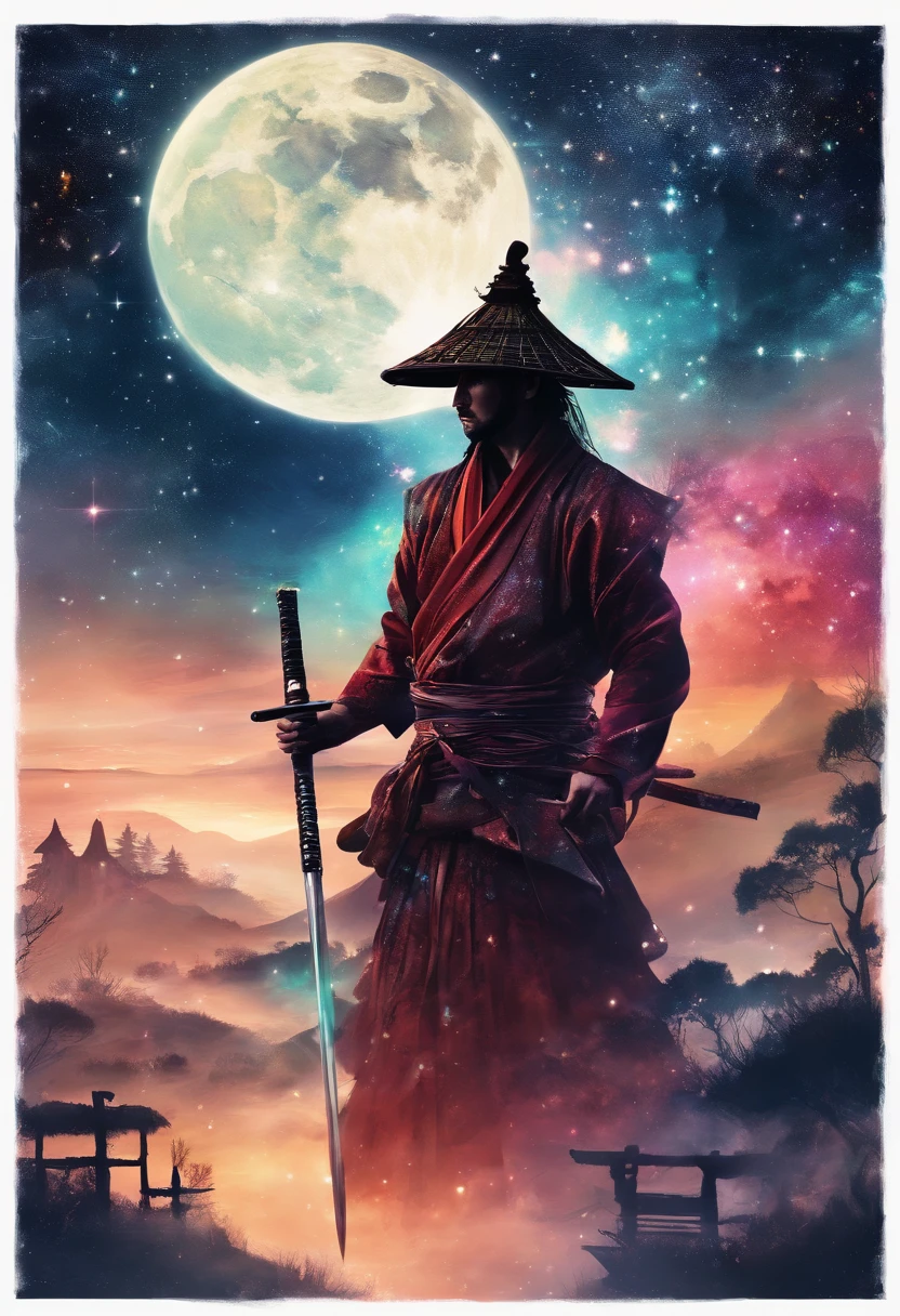 The samurai holds a katana, Starry skies and mist shroud the landscape.