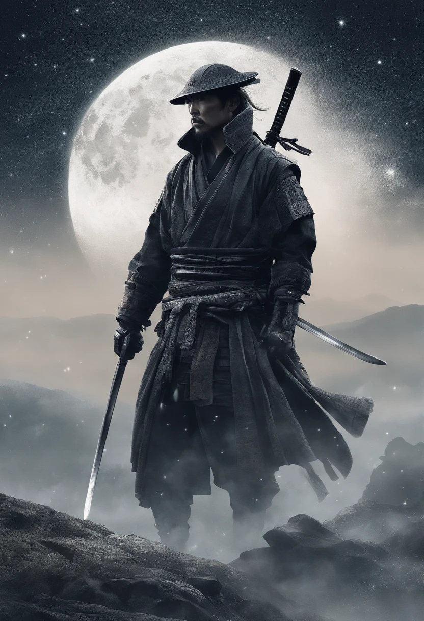 The samurai holds a katana, Starry skies and mist shroud the landscape.