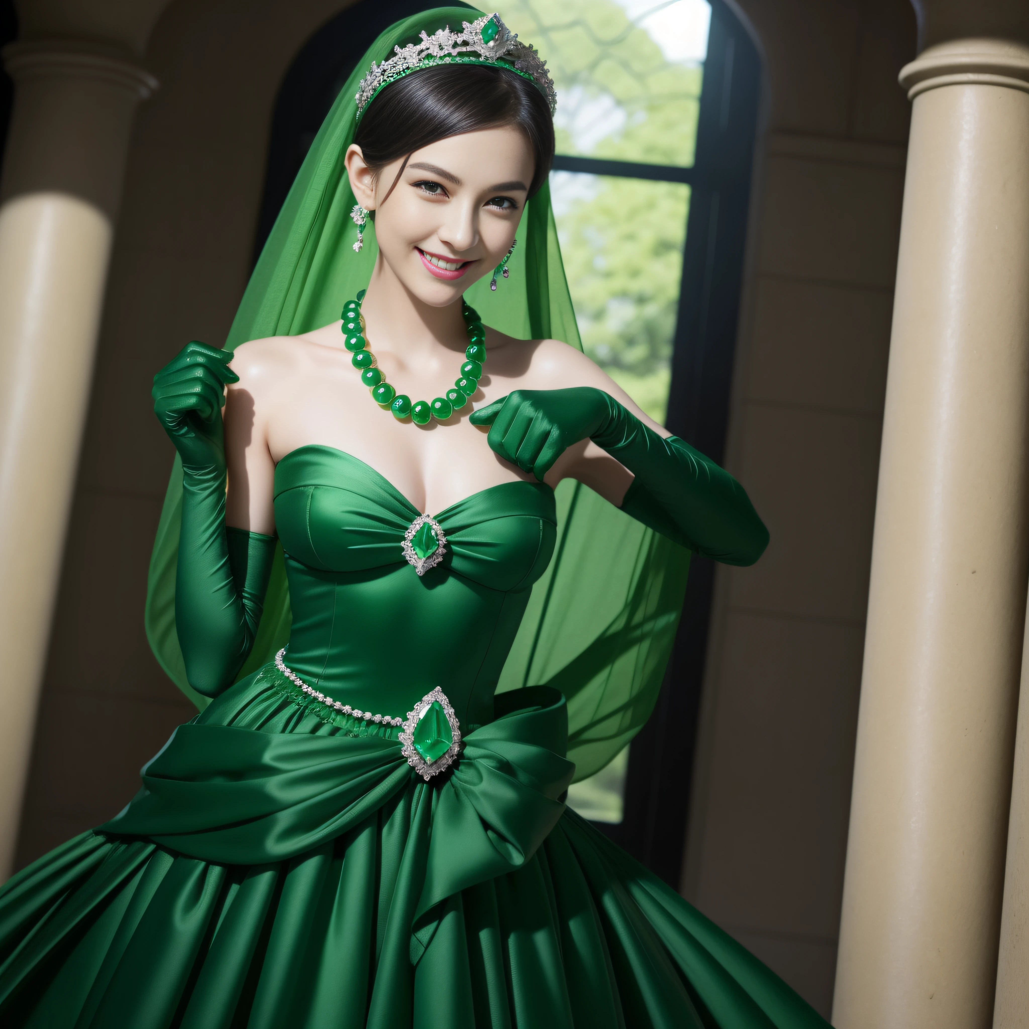 emerald tiara, Green Pearl Necklace, Boyish very short black hair, lipsticks, Japan woman smiling, very short short hair, big breasts beautiful, Green eyes, Long green gloves made of satin material, Green eyes, Emerald Earrings