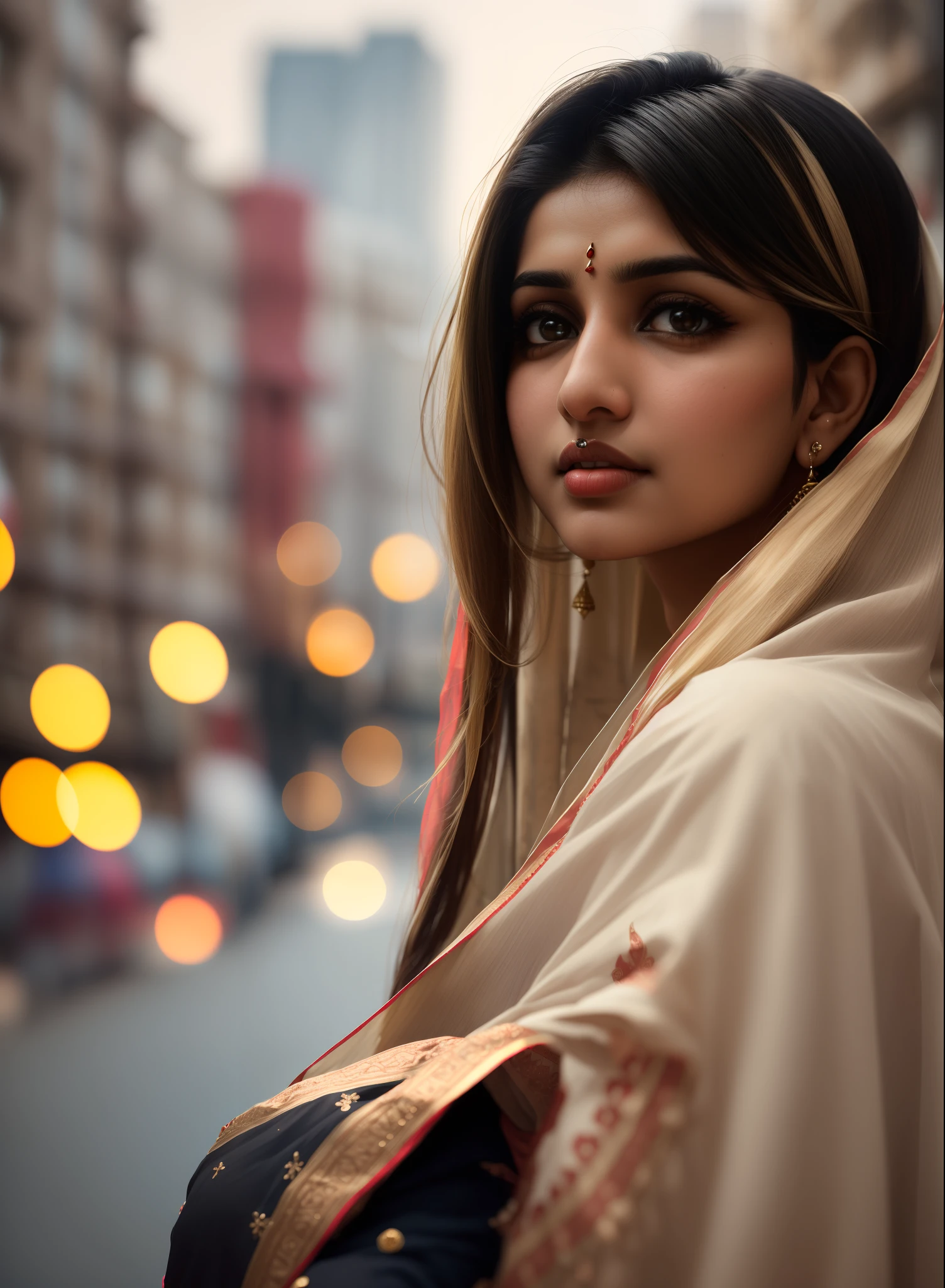 (((Desi Girl))), chubby face, Natural Skin, Wearing a hot deep necktop and dupatta, Attractive black hair, ((The ends of the hair are blonde)), city street background, Bokeh、Shorthair