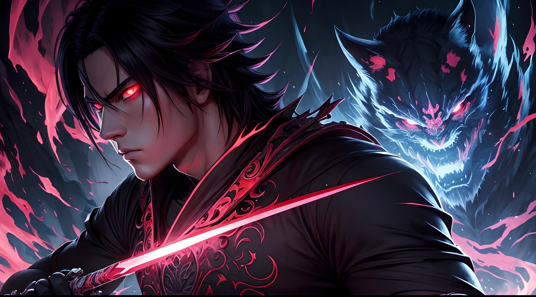 Imagine a mystical world where a handsome, solo, well-built Sasuke, with glowing red eyes, dark and powerful, wields magic that can only be described as both beautiful and terrifying. The t-shirt design captures this essence with detailed illustrations, using a combination of gothic and Studio Ghibli styles. Red adds a bold touch to pastel quads, creating a stunning contrast.