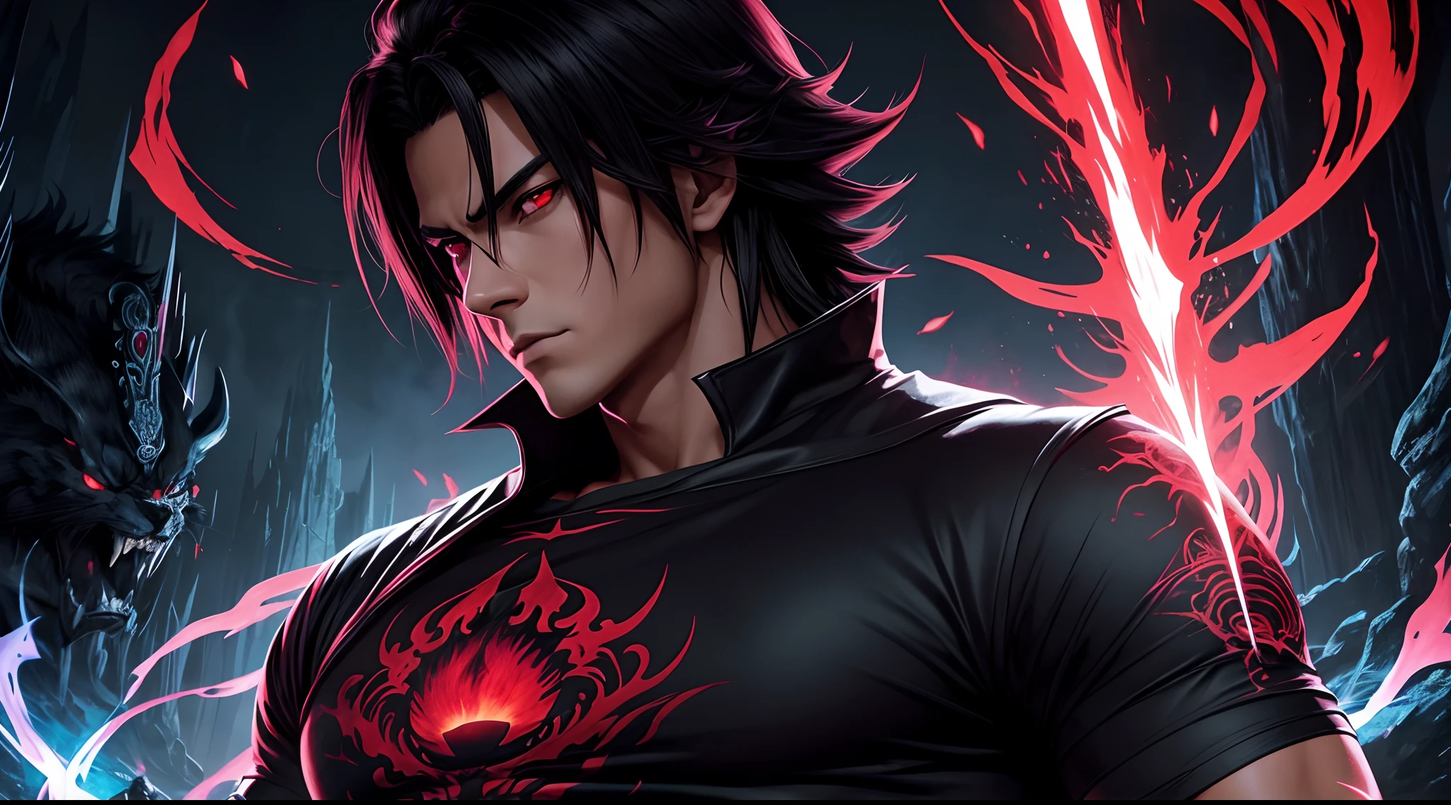 Imagine a mystical world where a handsome, solo, well-built Sasuke, with glowing red eyes, dark and powerful, wields magic that can only be described as both beautiful and terrifying. The t-shirt design captures this essence with detailed illustrations, using a combination of gothic and Studio Ghibli styles. Red adds a bold touch to pastel quads, creating a stunning contrast.