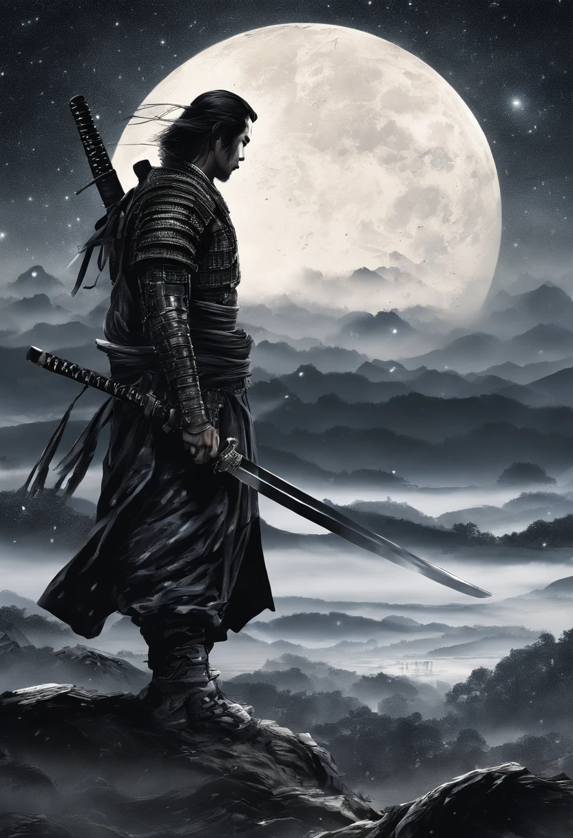 The samurai holds a katana, Starry skies and mist shroud the landscape.