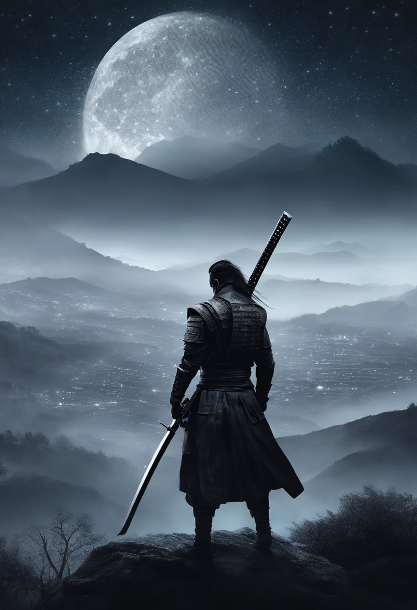 The samurai holds a katana, Starry skies and mist shroud the landscape.