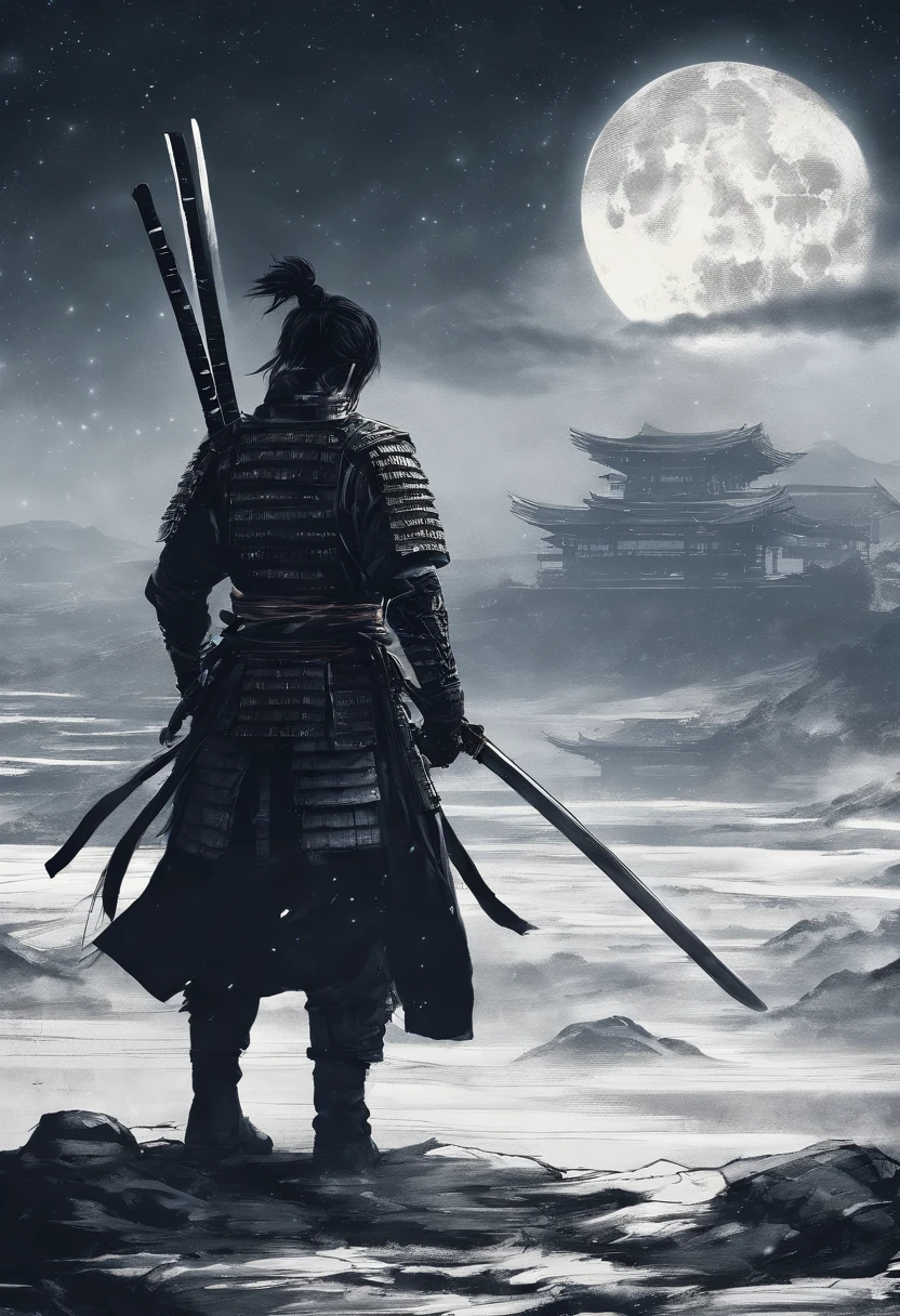 The samurai holds a katana, Starry skies and mist shroud the landscape.