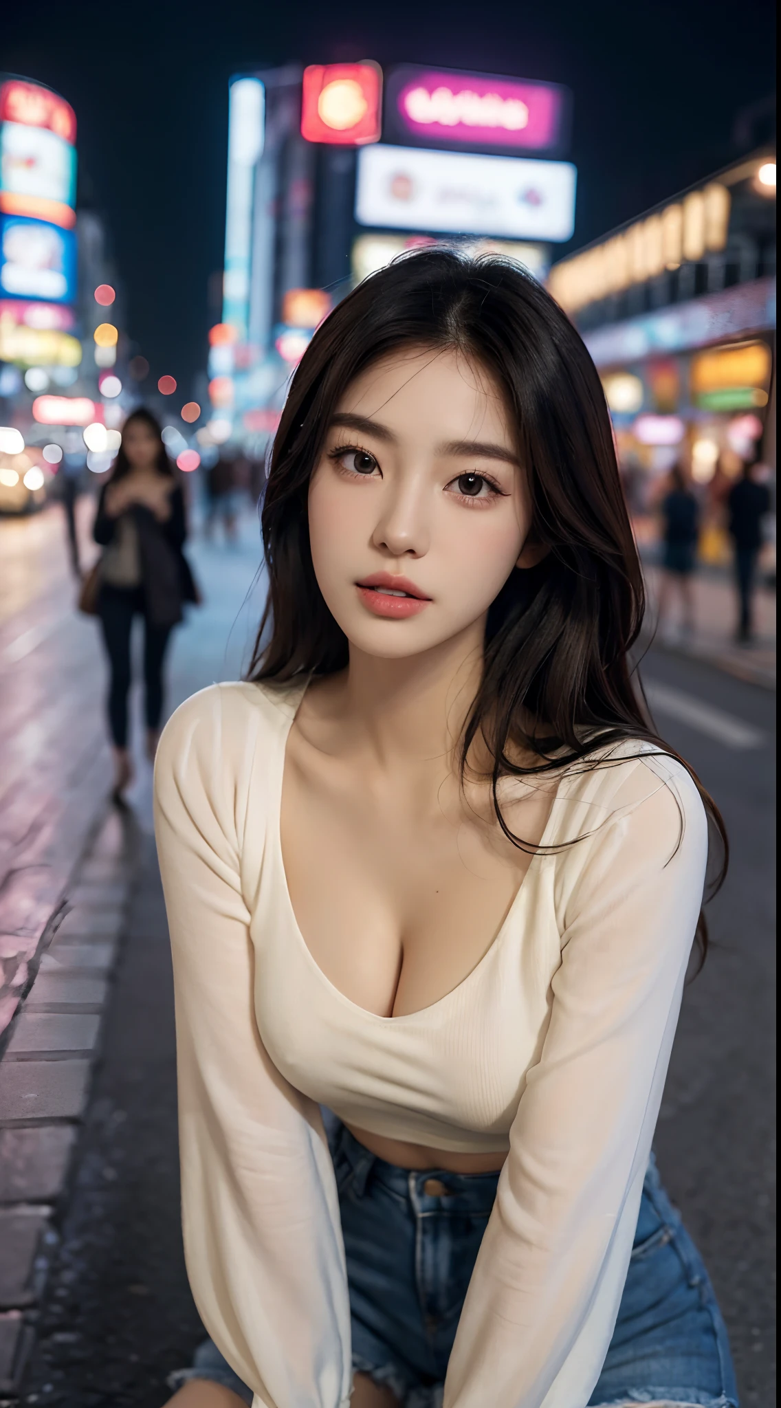 (Best quality,16k,A high resolution,Masterpiece:1.2),Ultra-detailed,(Realistic,Photorealistic,photo-realistic:1.37),Korean fashion beauty,Japanese and Korean beauties,cute and innocent,Detailed eyes and face,beautiful detailed lips,White teeth,Long eyelashes,slimification,fashionable in dressing,Shorts short skirt,Plump upper circumference,Large breasts,cleavage,(Lovely,Charming:1.1),Colorful street background,Stylish clothes and accessories,The fabric of the clothes is smooth,Portrait style photography,Vivid colors,Street lights.