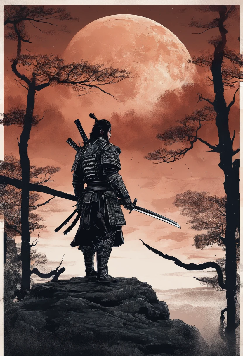 The samurai holds a katana, Starry skies and mist shroud the landscape.