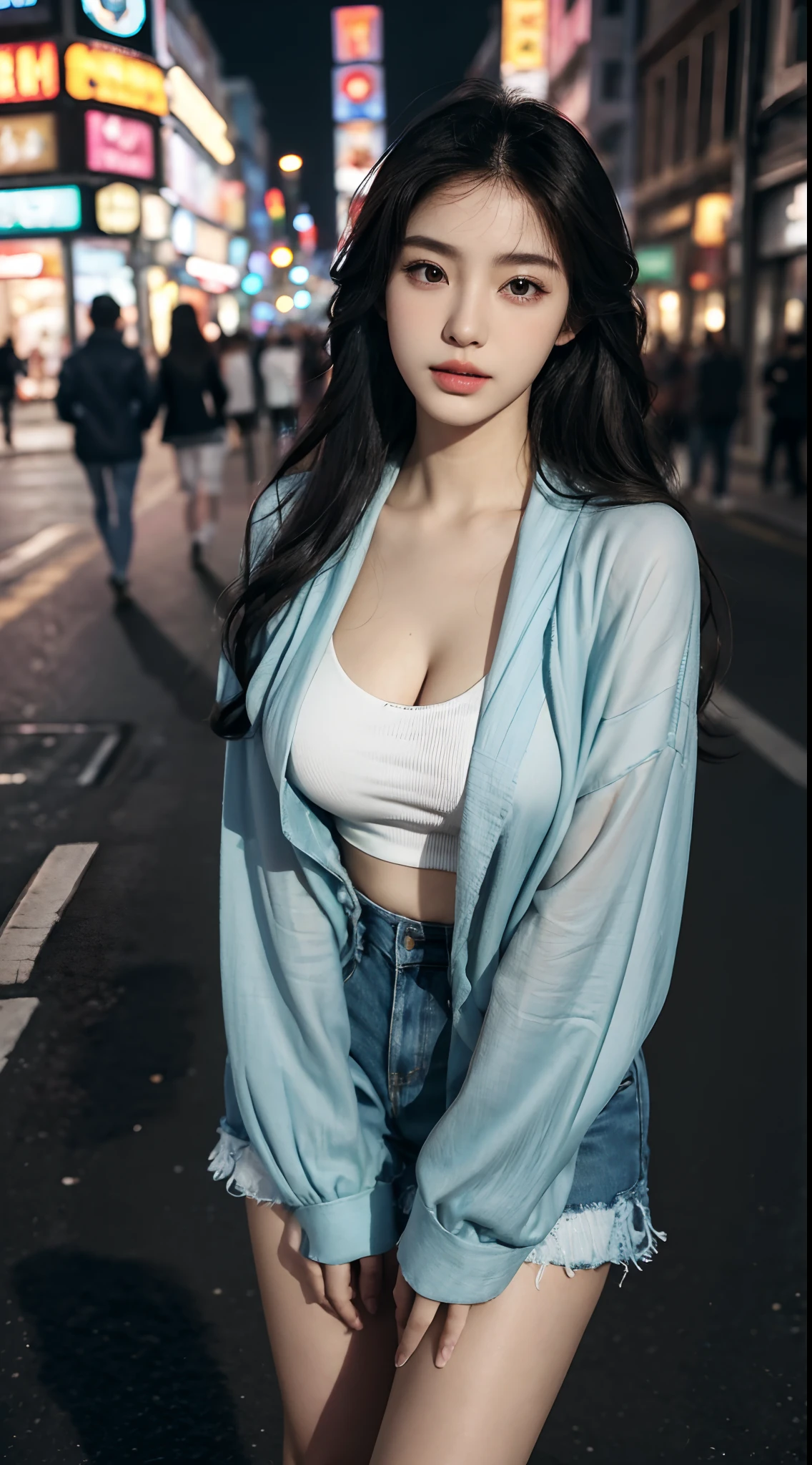 ((best qualtiy,8K,tmasterpiece:1.3)), 1girll, ssmile, golden-ratio face,detailed_eyes, Beautiful woman, long whitr hair,(long wavy hair),Manteau,blue yukata,(Open coat),White lace-trimmed bra,(huge tit,naked leg ,The barefoot,full bodyesbian,Gloss on lips), Super detailed face, Detailed eyes, 二重まぶた, blur backgroun, do lado de fora, Night Street,The camera is focused on the abdomen,Thick bangs