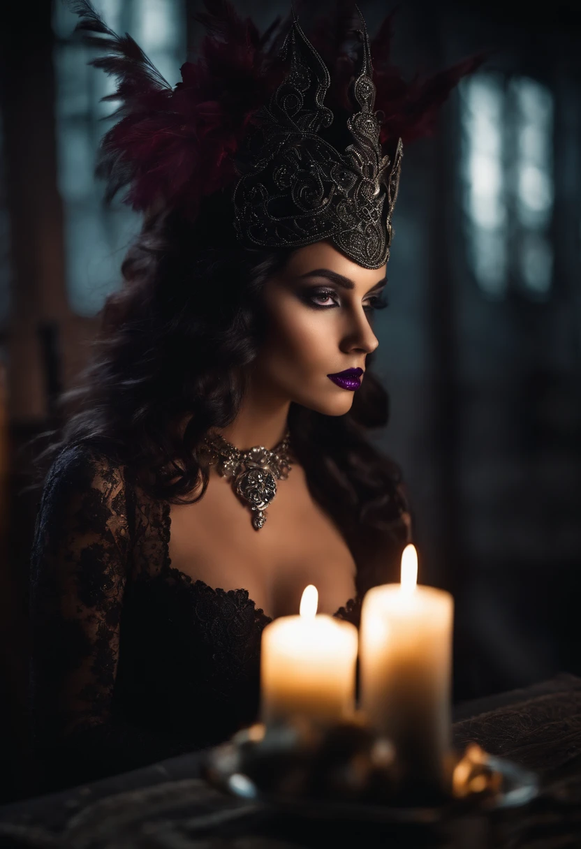 Mujer, Long dark purple hair, ojos rojos con una luz brillante, vestido largo abierto negro, bruja, Joyas de plata en forma de costillas, Metal mask on half of the face, Black lipstick young witch looking at camera, de cuerpo entero, hermosa, imagen superrealista, detalles en cara y piel. fondo oscuro estilo fluo y velas encendidas