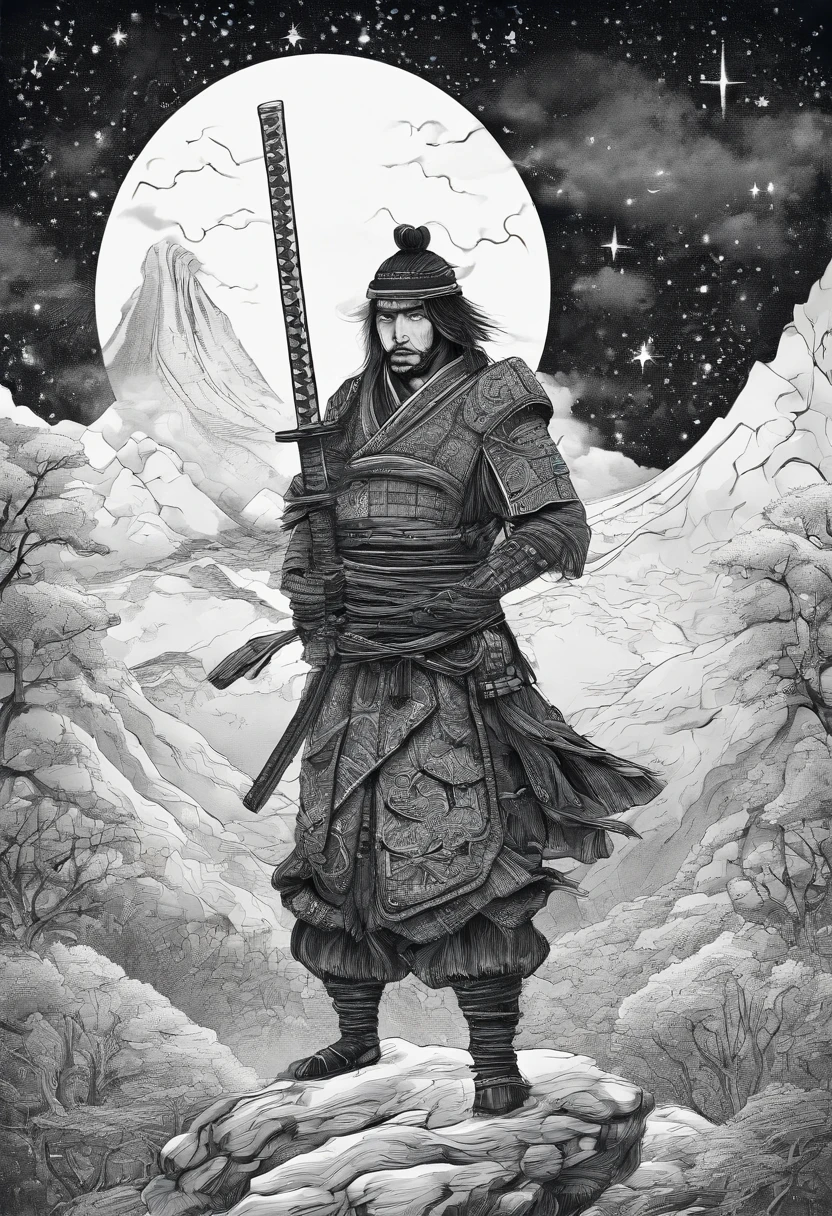 The samurai holds a katana, Starry skies and mist shroud the landscape.