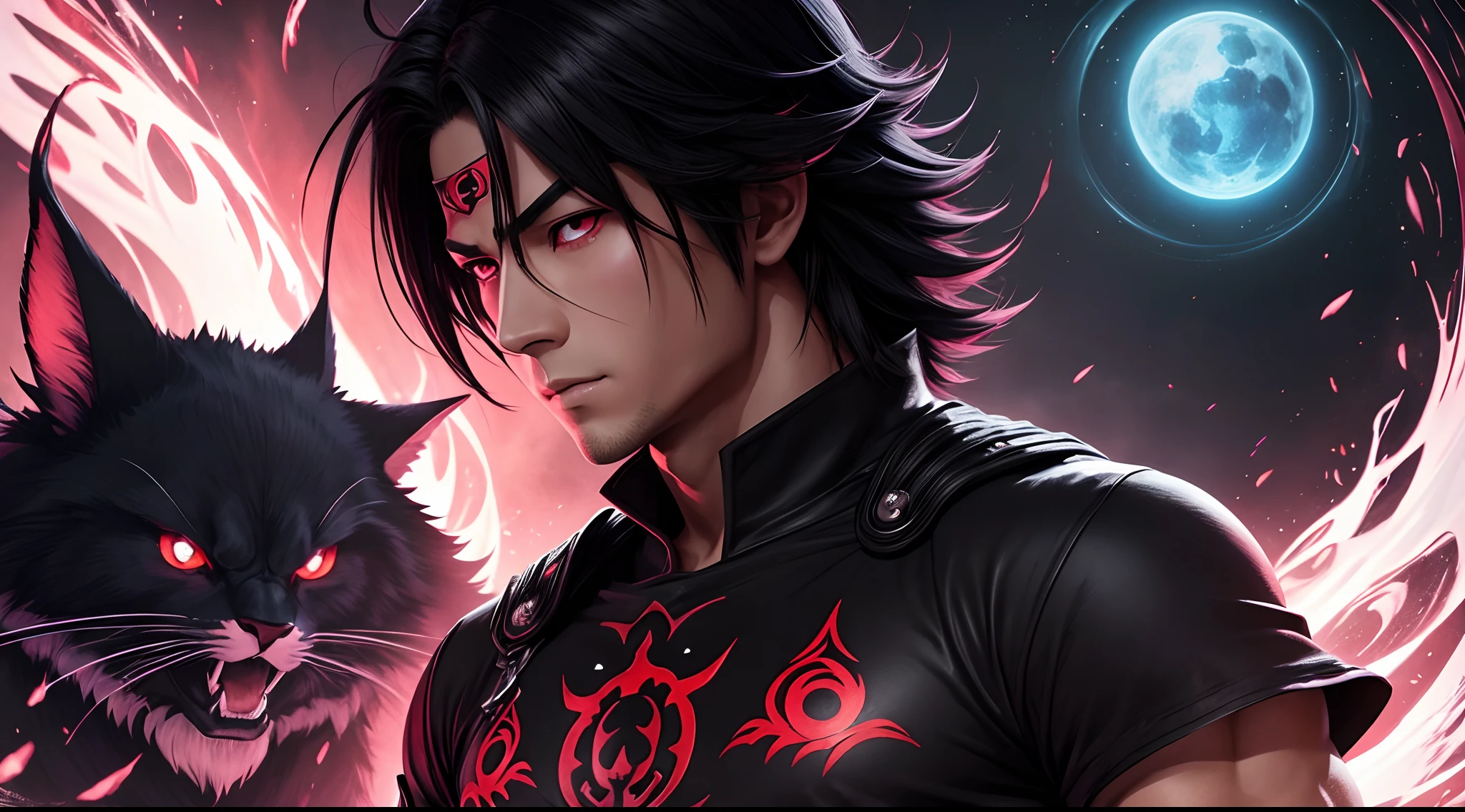 Imagine a mystical world where a handsome, solo, well-built Sasuke, with glowing red eyes, dark and powerful, wields magic that can only be described as both beautiful and terrifying. The t-shirt design captures this essence with detailed illustrations, using a combination of gothic and Studio Ghibli styles. Red adds a bold touch to pastel quads, creating a stunning contrast.