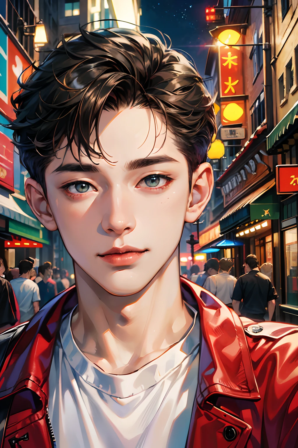 (absurdres, highres, ultra detailed, HDR), masterpiece, best quality, 1boy, handsome, short hair, finely eye and detailed face, (white t-shirt), (red jacket), dimple, night street, night city, midnight, selfie shot, light smile
