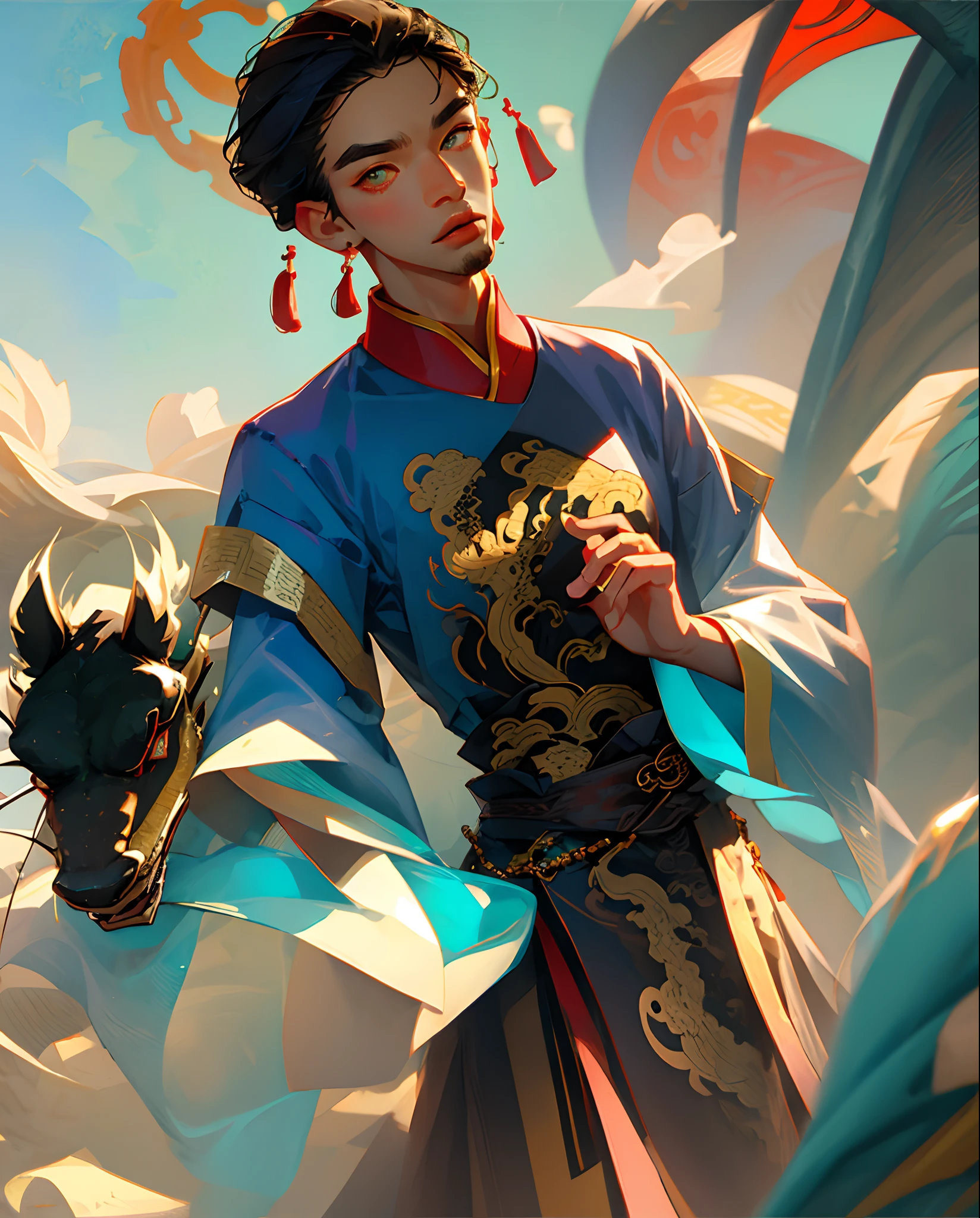 Homem, alto, forte, corpo esguio, pele branca, longos cabelos escuros, olhos turquesa, fine lips, serene expression, roupas de seda branca e azul claro, Typical Chinese men's clothing, Thin Hands, rosto delicado, chinesedragon,