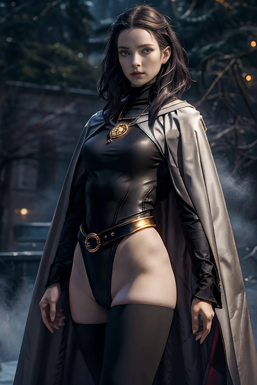 enji night as 1girl, cowboy shot of rvn, hotraven, pale skin, black leotard, turtleneck, tights, very large hips, cape,  gold belt, jewels, medallion, athletic, looking at viewer, mist, fog, volumetric lighting, best quality, masterpiece, intricate details, sharp focus, hyper detailed, realistic