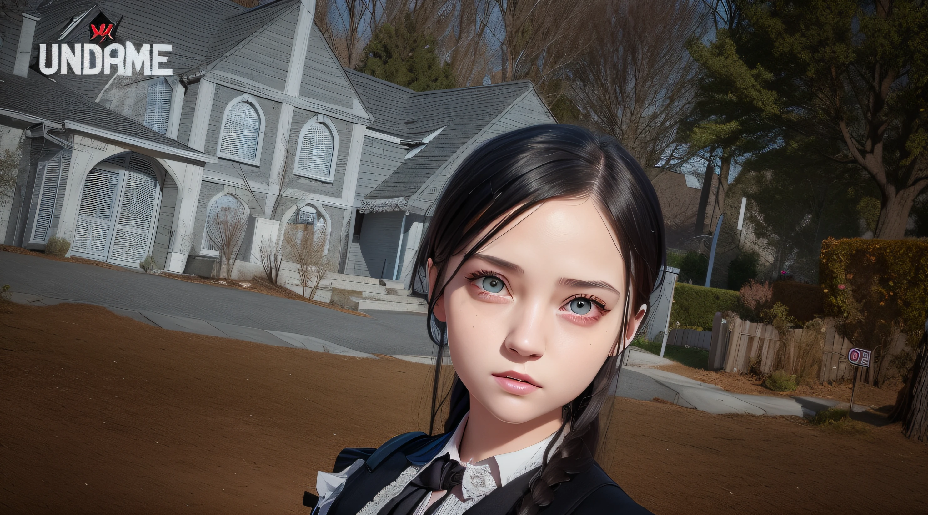 there is a woman in a suit and tie standing in front of a house, wednesday addams, second life avatar, beautiful screenshot, a hyperrealistic schoolgirl, realistic schoolgirl, hyperrealistic schoolgirl, as wednesday addams, in game, with very highly detailed face, photorealistic screenshot, detailed photo of virtual world, pointed face and grey eyes, ingame image