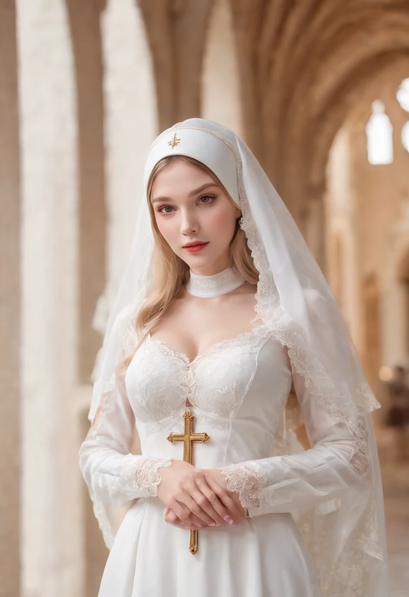 (Best quality,4K,8K,A high resolution,Masterpiece:1.2),Ultra-detailed,(Realistic,Photorealistic,photo-realistic:1.37),anime big breast,detailed scenic view,sunlight from above,Gorgeous cathedral,White cross sculpture,nun,Mature lady,Tall,Curvy,plump,Porcelain complexion,Golden hair,Long hair with bangs,The beauty mark in the lower right corner of her face,A gentle expression appeared on her face,standing on your feet，legs standing together,Female hands,hands on the chest,Black lace trim nun costume，Gold accents,Pure white lace-trimmed veil，Gold accents,Long-sleeved white lace-trimmed fingerless gloves,Wear a simple white cross pendant,White high heels,White lace-trimmed thigh stockings