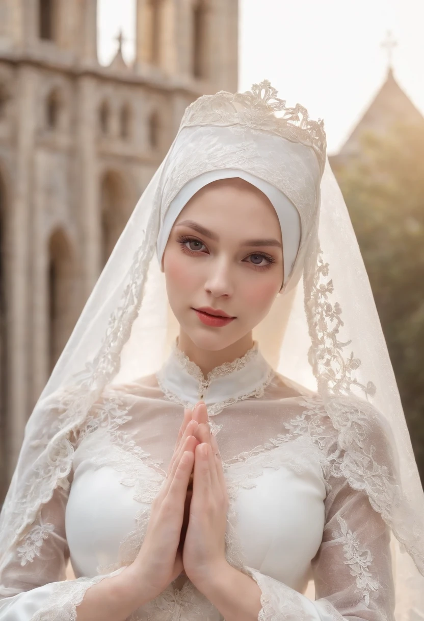 (Best quality,4K,8K,A high resolution,Masterpiece:1.2),Ultra-detailed,(Realistic,Photorealistic,photo-realistic:1.37),anime big breast,detailed scenic view,sunlight from above,Gorgeous cathedral,White cross sculpture,nun,Mature lady,Tall,Curvy,plump,Porcelain complexion,Golden hair,Long hair with bangs,The beauty mark in the lower right corner of her face,A gentle expression appeared on her face,standing on your feet,legs standing together,Female hands,hands on the chest,Black lace trim nun costume,Gold accents,Pure white lace-trimmed veil,Gold accents,Long-sleeved white lace-trimmed fingerless gloves,Wear a simple white cross pendant,White high heels,White lace-trimmed thigh stockings