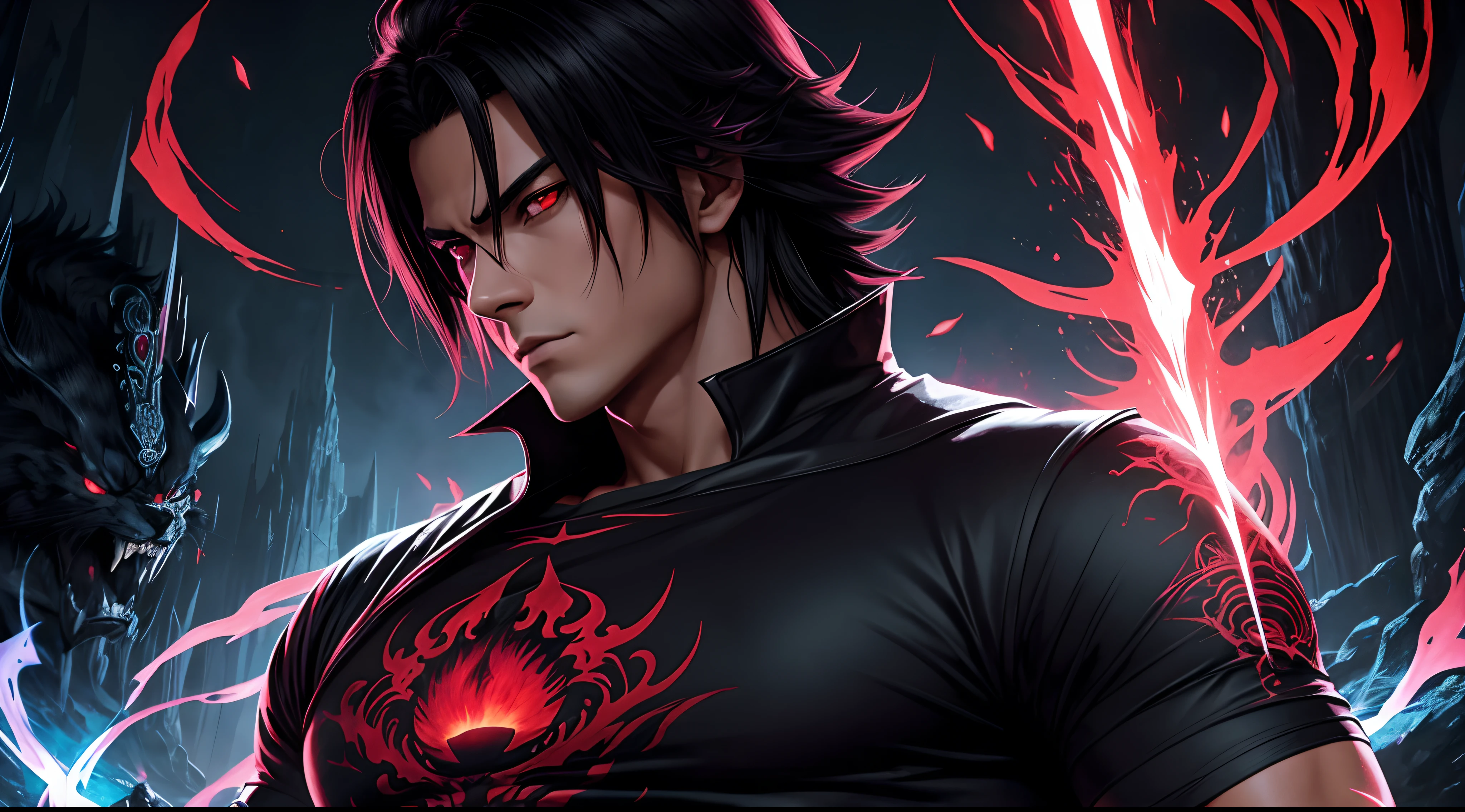 Imagine a mystical world where a handsome, solo, well-built Sasuke, with glowing red eyes, dark and powerful, wields magic that can only be described as both beautiful and terrifying. The t-shirt design captures this essence with detailed illustrations, using a combination of gothic and Studio Ghibli styles. Red adds a bold touch to pastel quads, creating a stunning contrast.