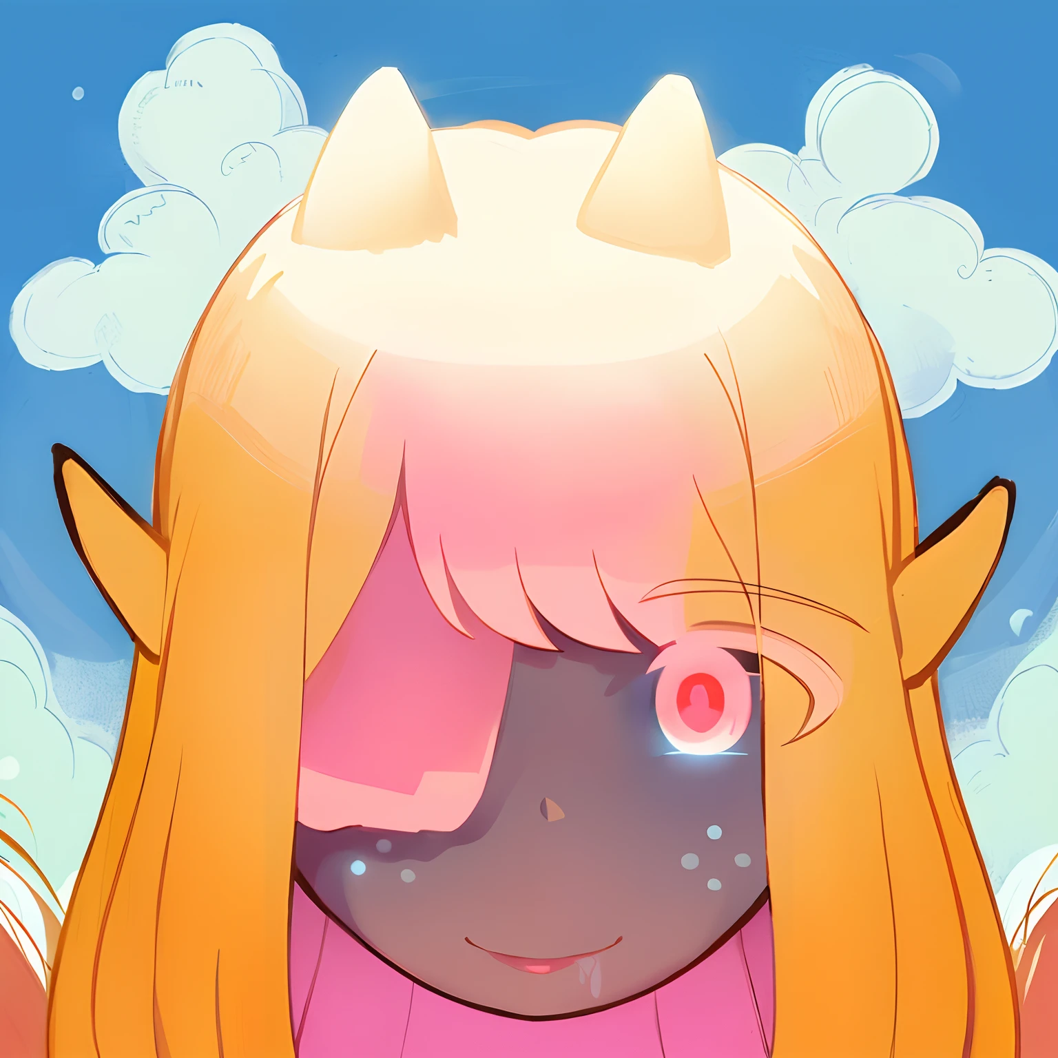 (tmasterpiece, beutiful, ah high), illustartion, a 1girl, 独奏, ((( cartoonish style: 1))), (Western cartoon), Demon girl with horns, standing in a meadow, Meadow background, portraite of a, smileing, blonde woman, braided long hair, cute, pink lips, Black Eyes, young adult, white dress with ruffles, clean sky, fluffy clouds, Skin with a red tint, Average Breasts, looking a viewer, bright colours, Day, ((front facing: 3)), (full lips: 2), closed mouth, Thick Line: 0,7, upper body focus