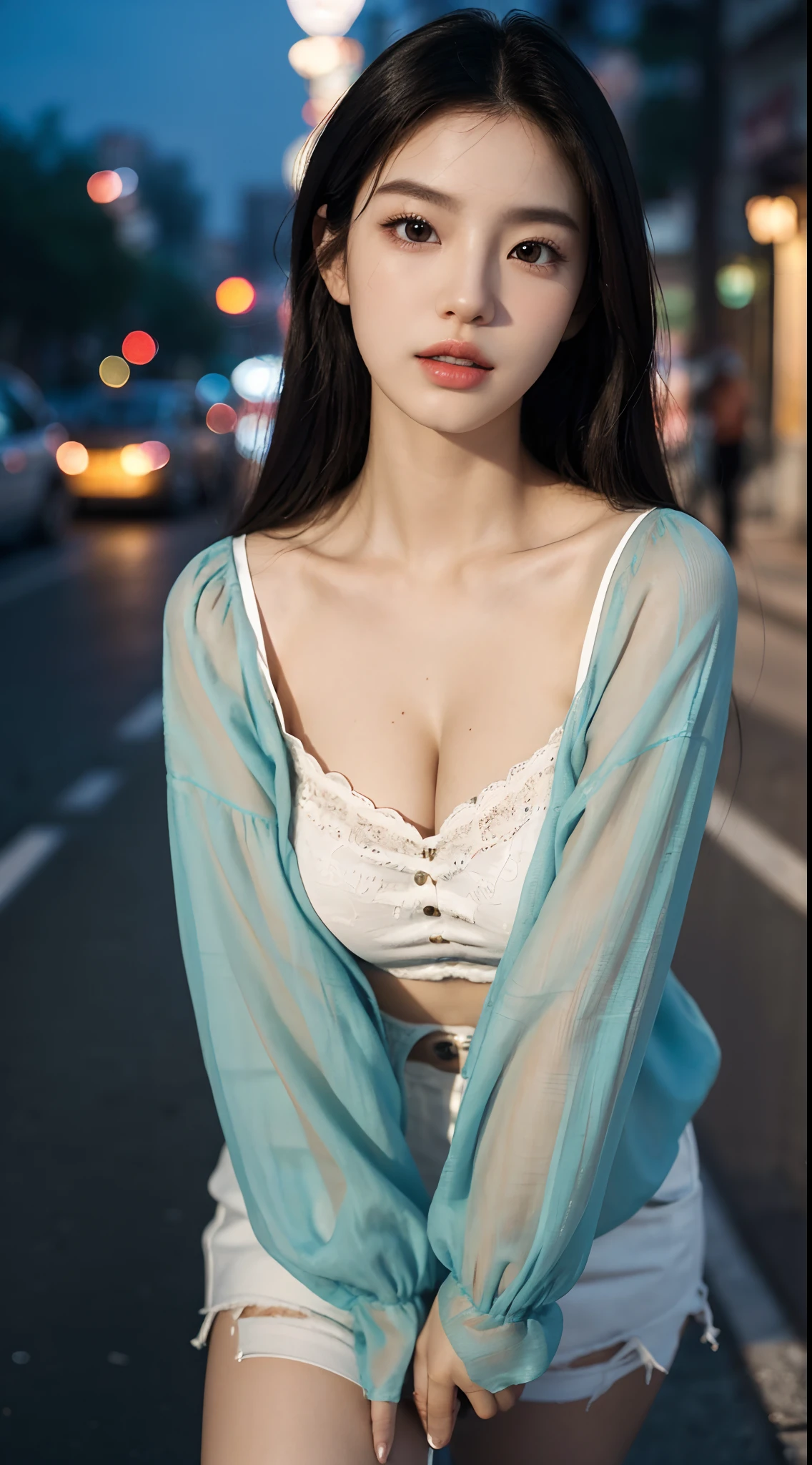 (Best quality,16k,A high resolution,Masterpiece:1.2),Ultra-detailed,(Realistic,Photorealistic,photo-realistic:1.37),Korean fashion beauty,Japanese and Korean beauties,cute and innocent,Detailed eyes and face,beautiful detailed lips,White teeth,Long eyelashes,slimification,fashionable in dressing,Shorts short skirt,Plump upper circumference,Large breasts,cleavage,(Lovely,Charming:1.1),Colorful street background,Stylish clothes and accessories,The fabric of the clothes is smooth,Portrait style photography,Vivid colors,Street lights.