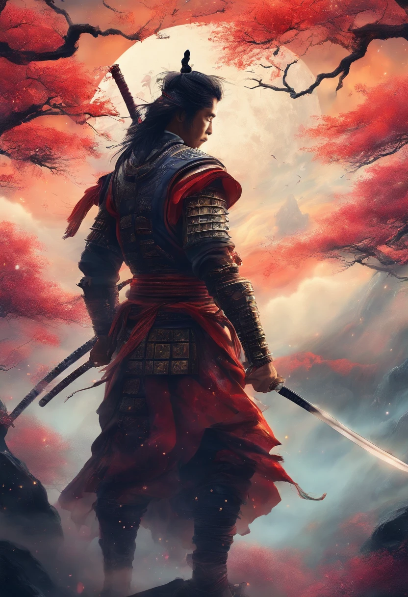 The samurai holds a katana, Starry skies and mist shroud the landscape.