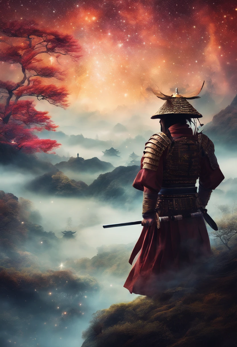 The samurai holds a katana, Starry skies and mist shroud the landscape.