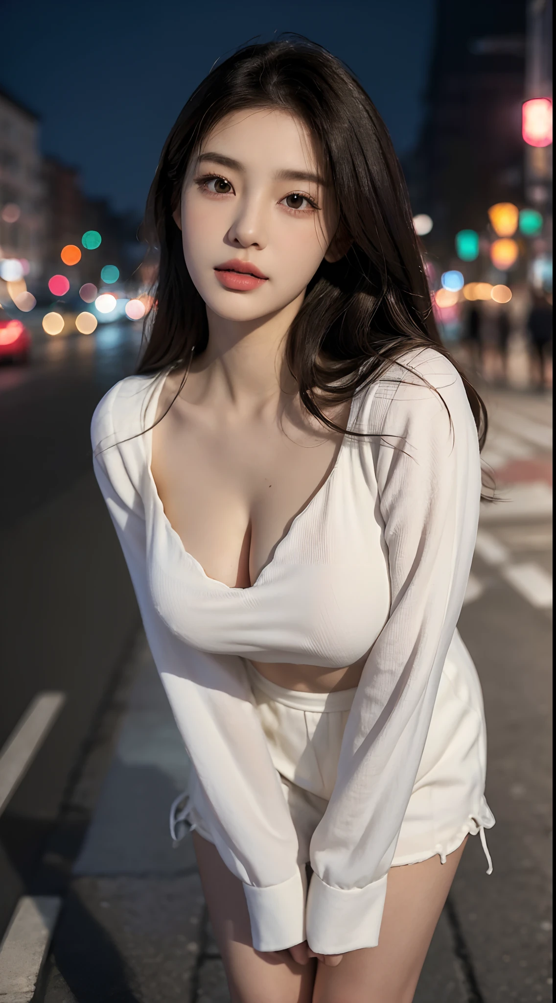 (Best quality,16k,A high resolution,Masterpiece:1.2),Ultra-detailed,(Realistic,Photorealistic,photo-realistic:1.37),Korean fashion beauty,Japanese and Korean beauties,cute and innocent,Detailed eyes and face,beautiful detailed lips,White teeth,Long eyelashes,slimification,fashionable in dressing,Shorts short skirt,Plump upper circumference,Large breasts,cleavage,(Lovely,Charming:1.1),Colorful street background,Stylish clothes and accessories,The fabric of the clothes is smooth,Portrait style photography,Vivid colors,Street lights.