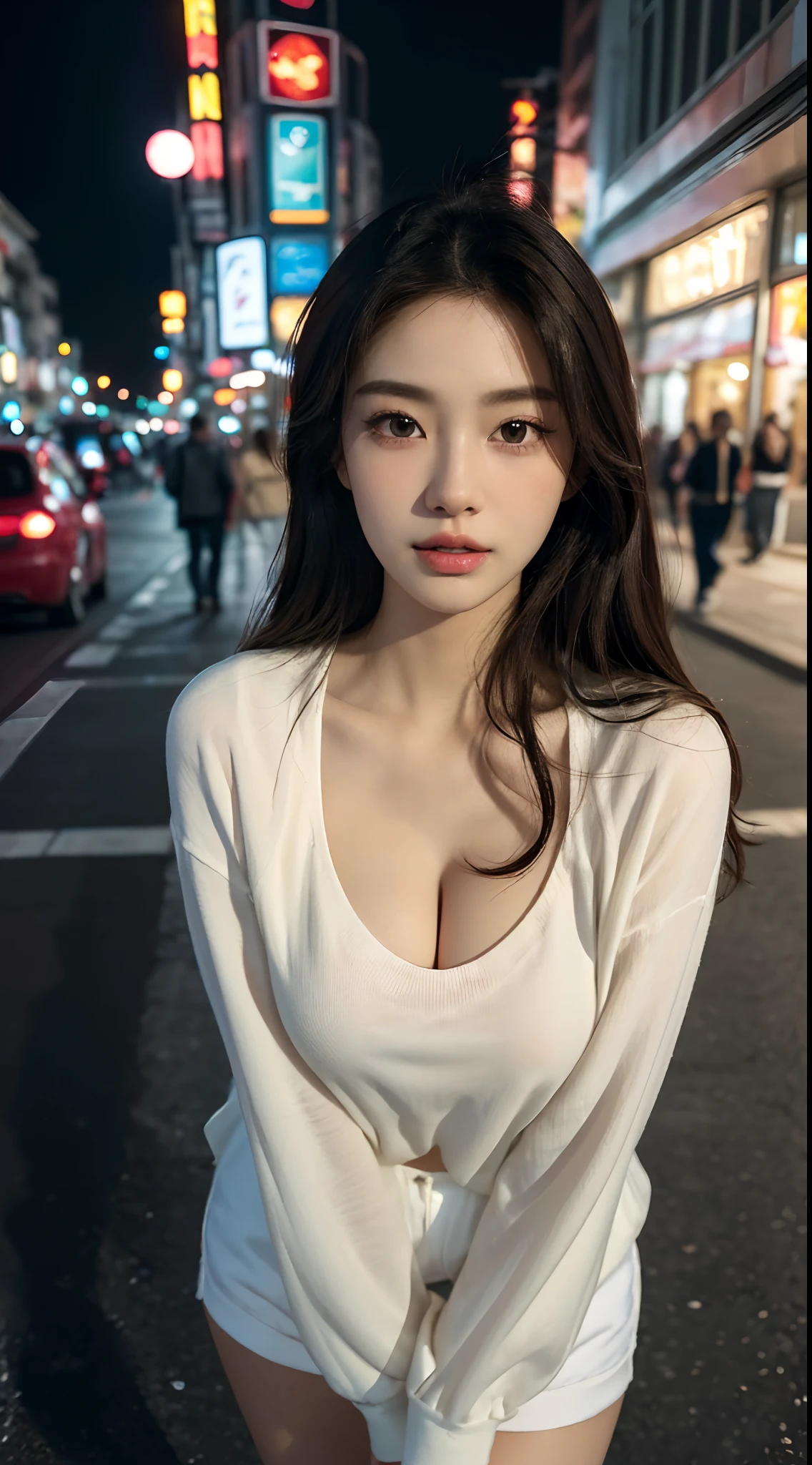 (Best quality,16k,A high resolution,Masterpiece:1.2),Ultra-detailed,(Realistic,Photorealistic,photo-realistic:1.37),Korean fashion beauty,Japanese and Korean beauties,cute and innocent,Detailed eyes and face,beautiful detailed lips,White teeth,Long eyelashes,slimification,fashionable in dressing,Shorts short skirt,Plump upper circumference,Large breasts,cleavage,(Lovely,Charming:1.1),Colorful street background,Stylish clothes and accessories,The fabric of the clothes is smooth,Portrait style photography,Vivid colors,Street lights.