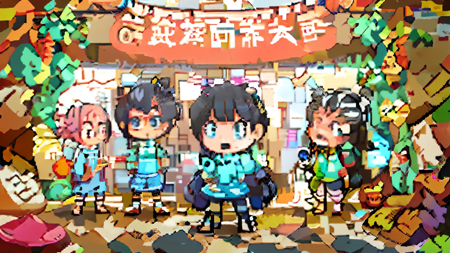 4 girls 2 of them with black short hair and black eyes 2 girl with narrow eyes with black hair in a ponytail 3 girl with short black hair 4 girl with black hair in a bun standing in a room with cats