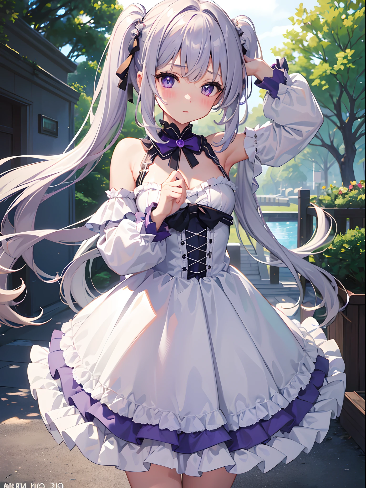 ((4K, master piece, Best Quality)), 1girl in, Silver medium hair, Light purple eyes, Cute, blush, medium breasts, frills skirt, at noon, Park